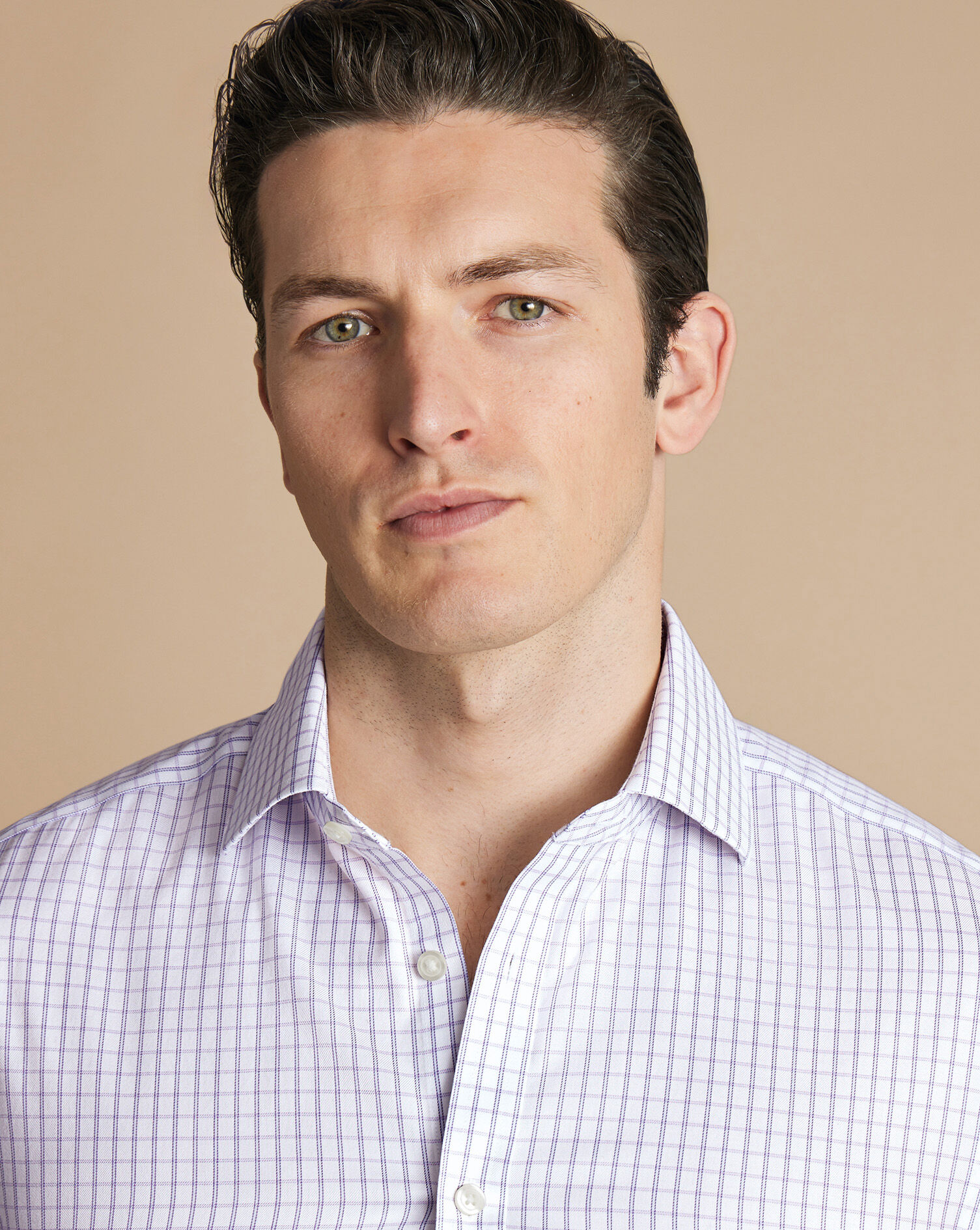 Spread Collar Non-Iron Twill Fine Check Shirt - Lilac Purple