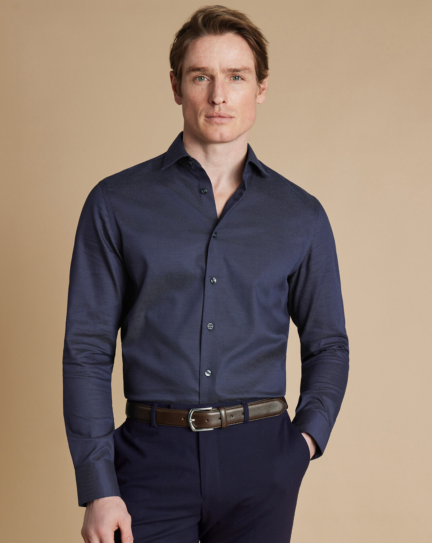 Semi-Spread Collar Non-Iron Stretch Dot Texture Shirt - French Blue