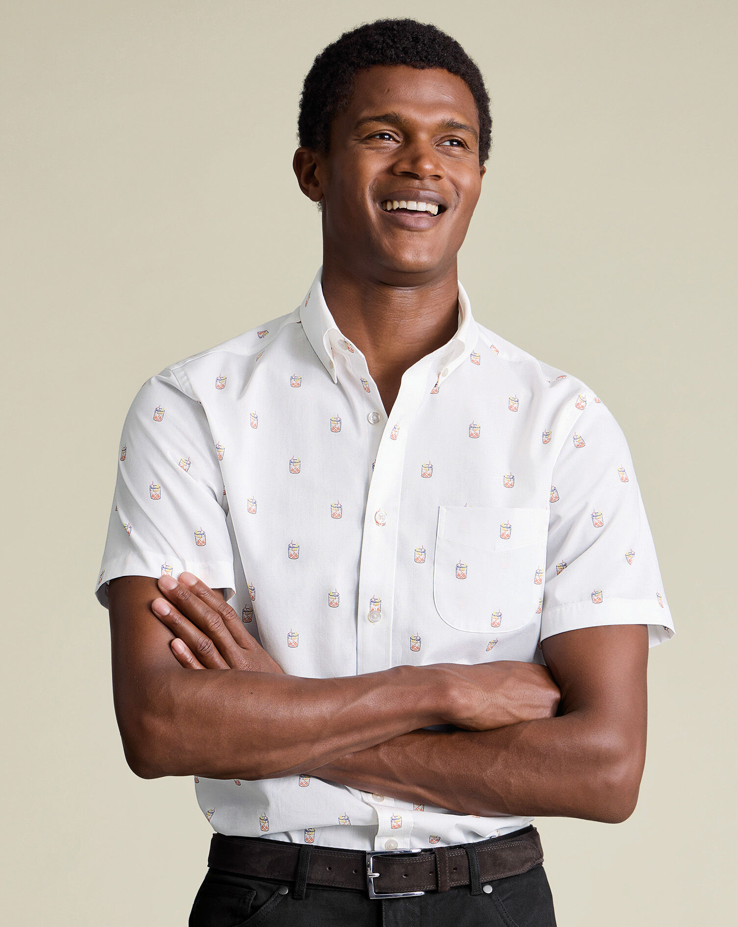 Non-Iron Stretch Cocktail Print Shirt - White