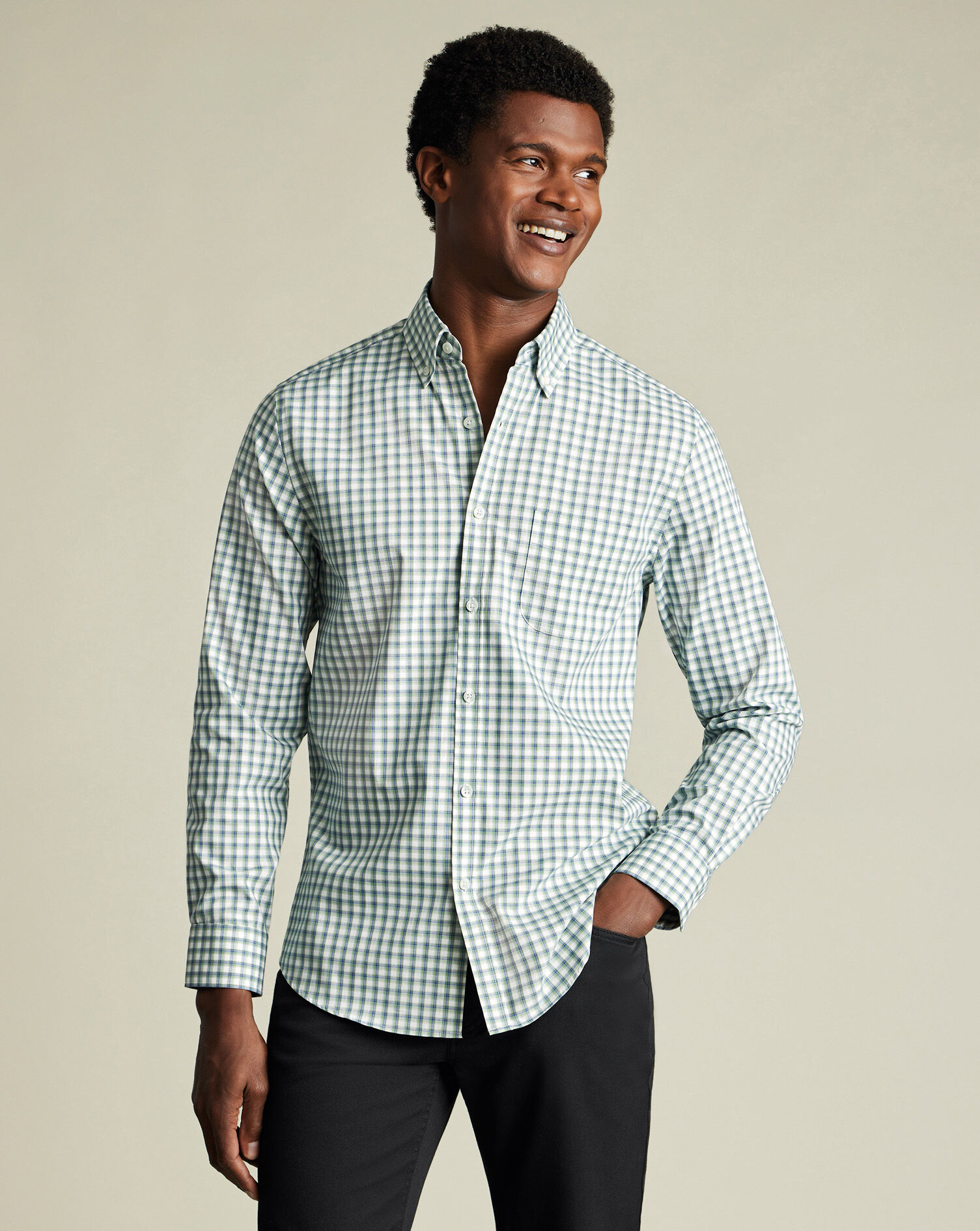 Non-Iron Stretch Poplin Mid Check Shirt - Green & Blue