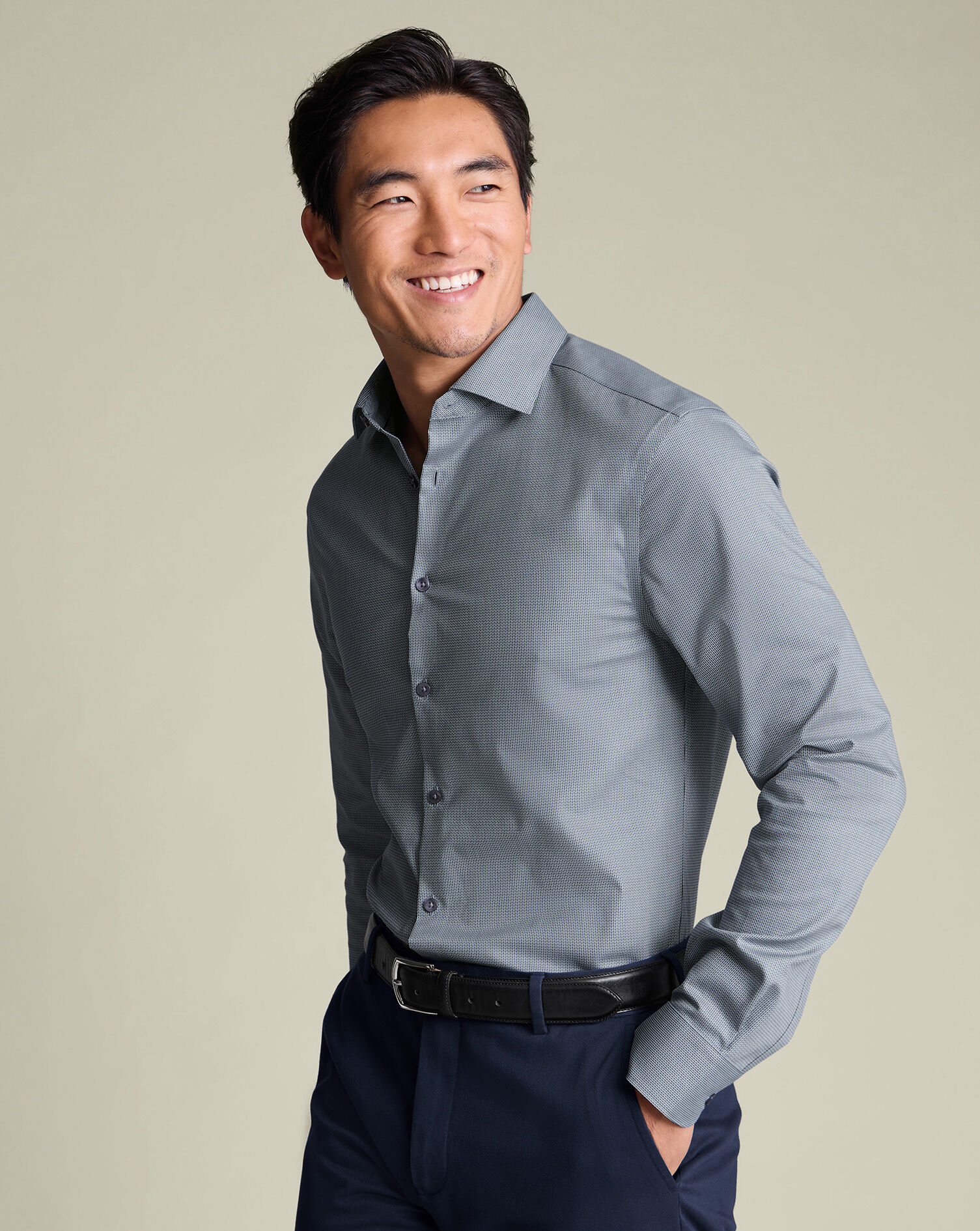 Non-Iron Stretch Chevron Texture Shirt - Steel Blue