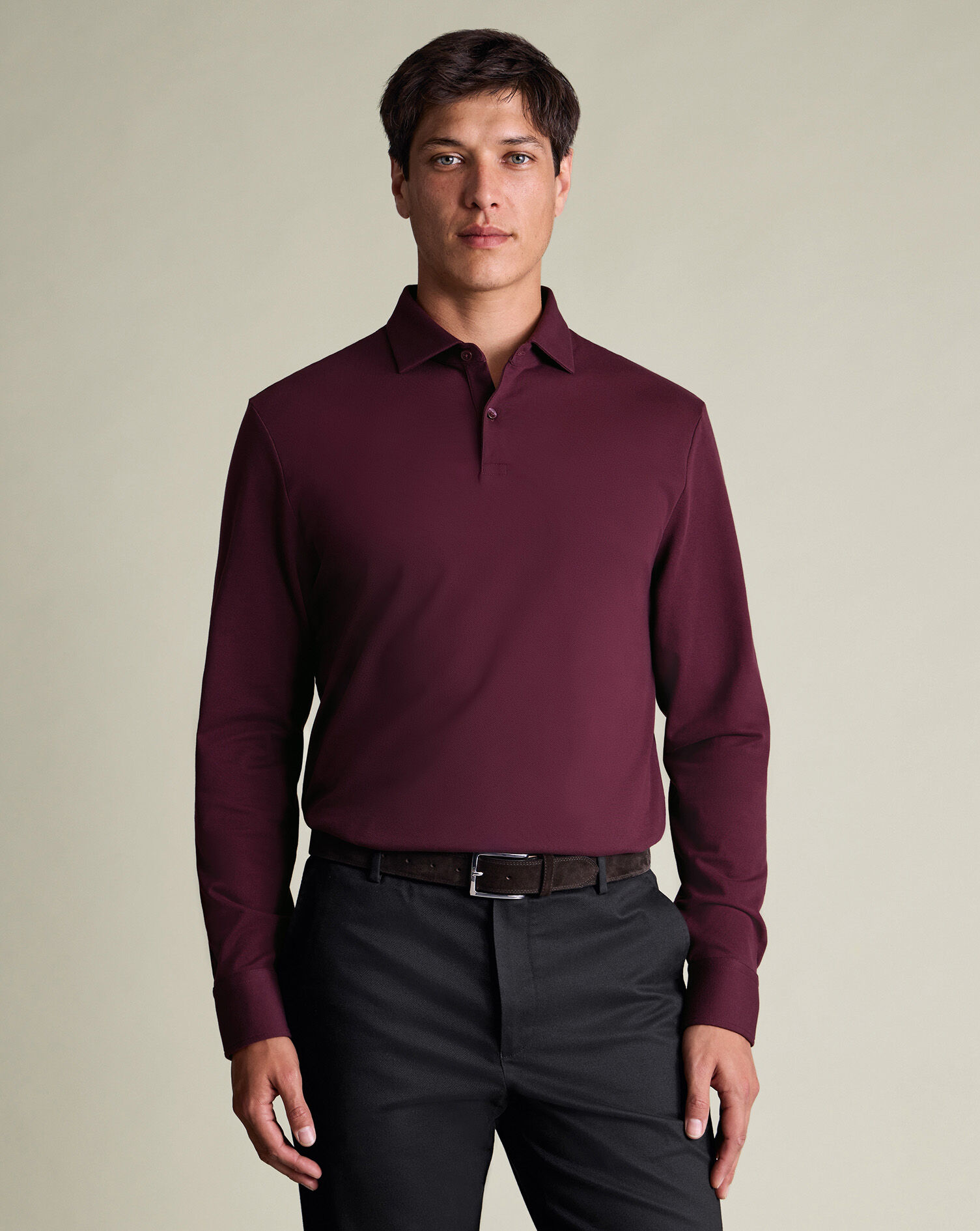 Long Sleeve Smart Pique Polo - Wine Red