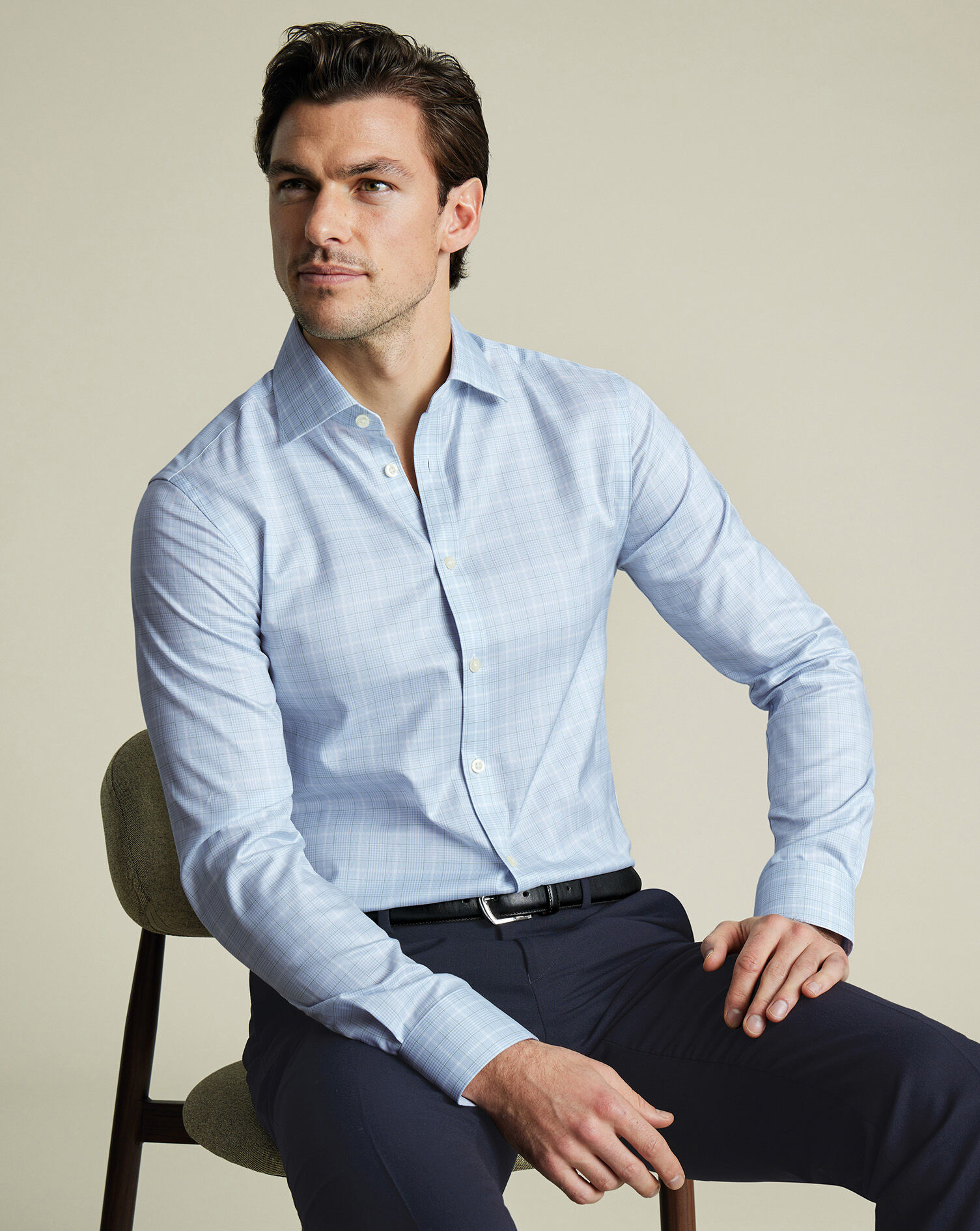 Luxury Prince of Wales Check Shirt - Sky Blue & Green