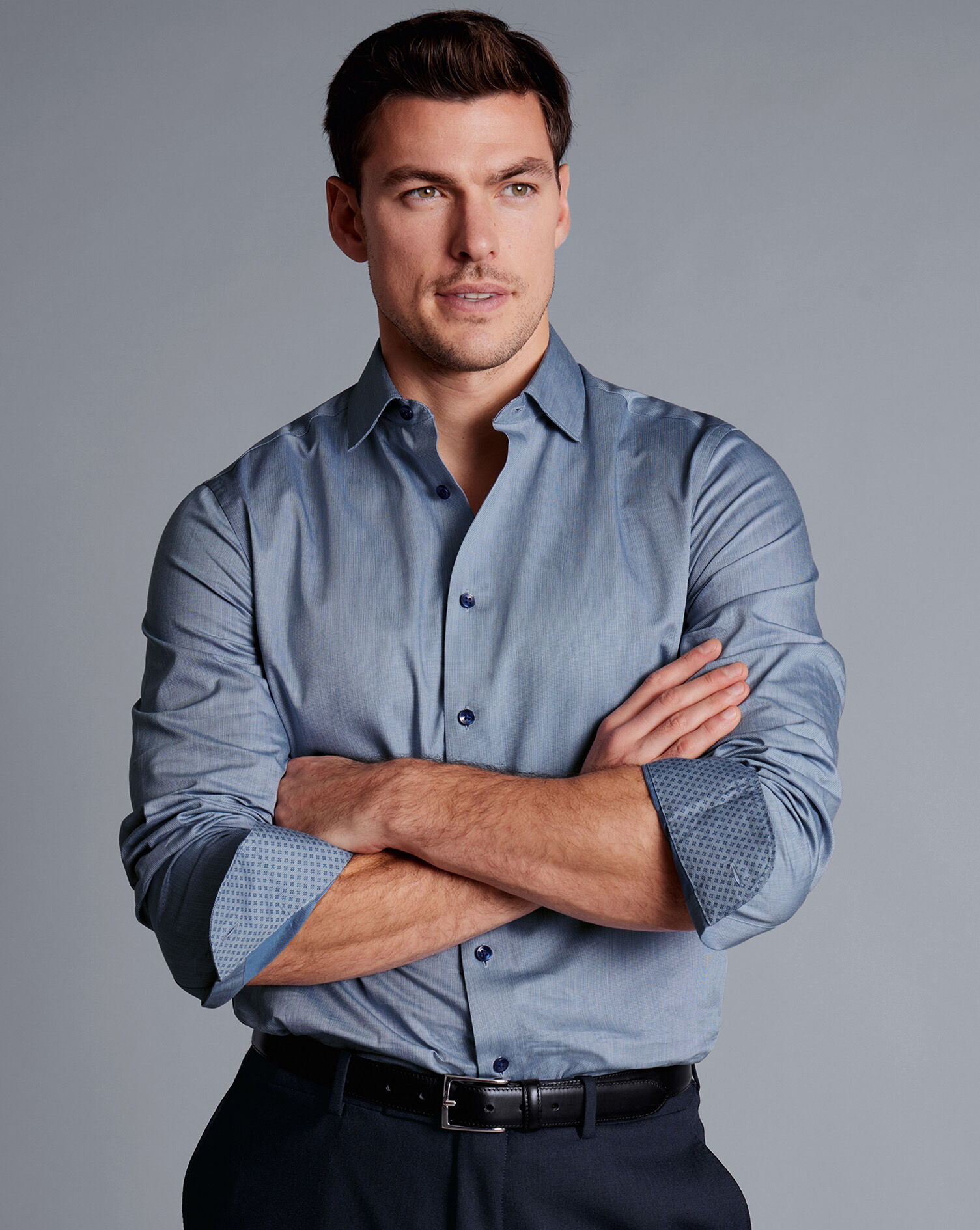 Semi-Spread Collar Twill Shirt with Printed Trim - Steel Blue