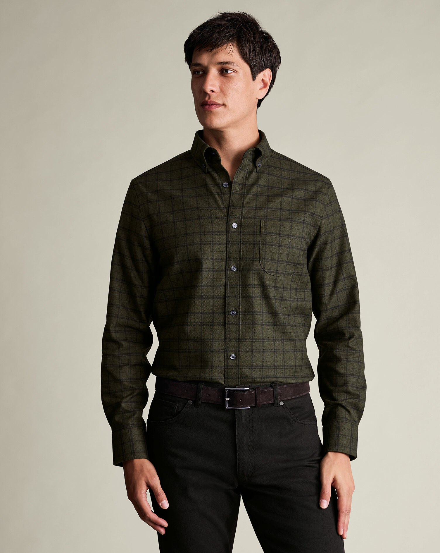 Twill Check Shirt - Olive Green & Navy
