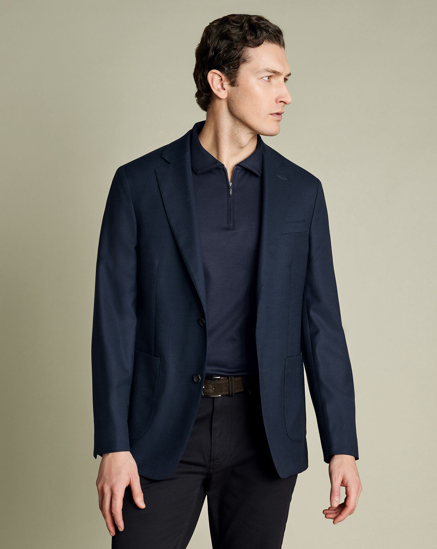 Zip-Neck Jersey Polo - Navy