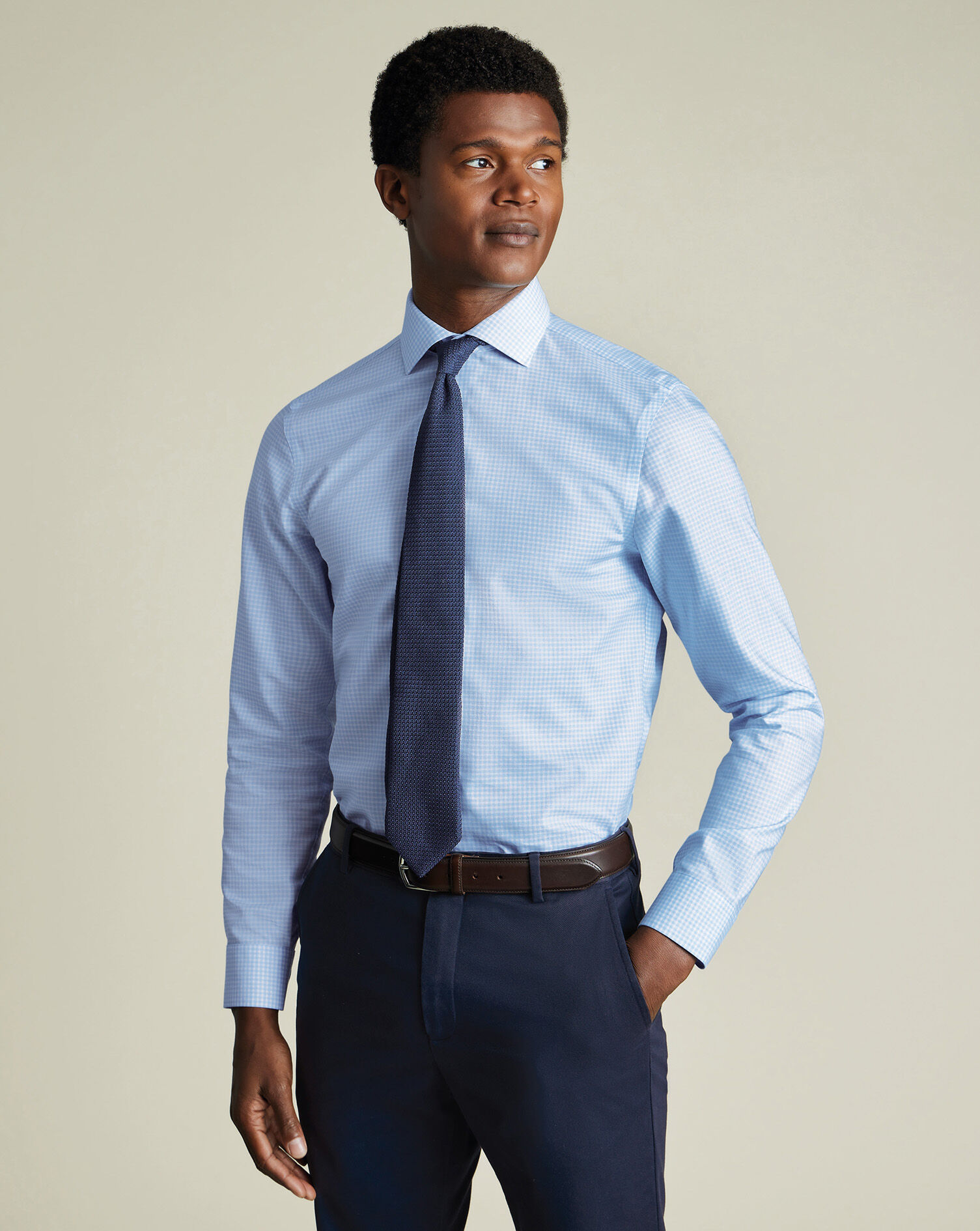 Non-Iron Cotton Linen Check Shirt - Sky Blue