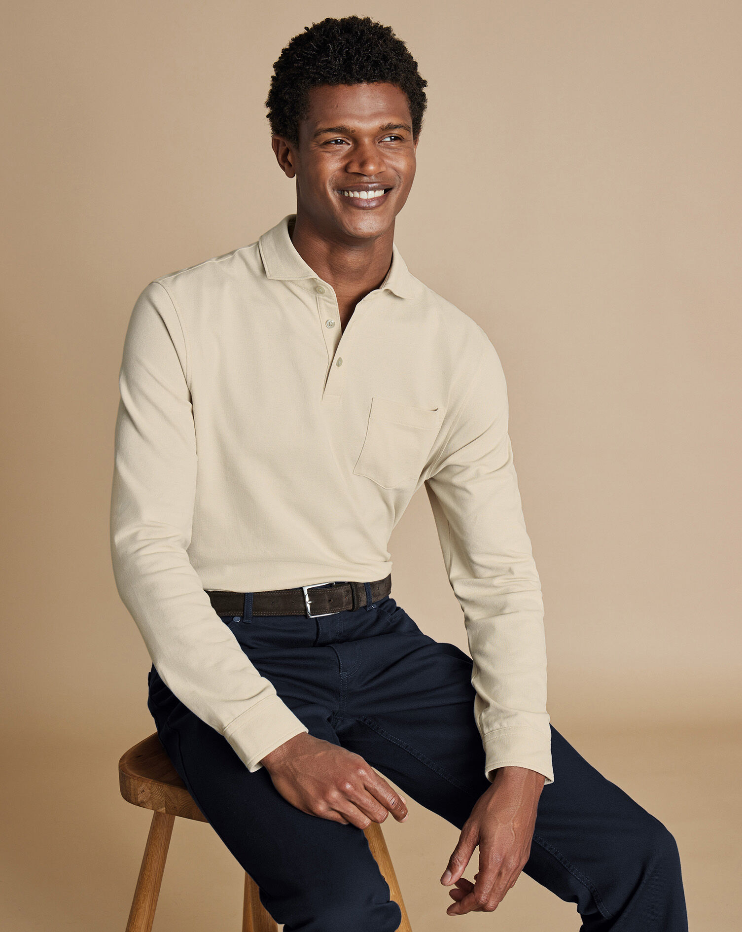 Long Sleeve Pique Polo - Stone