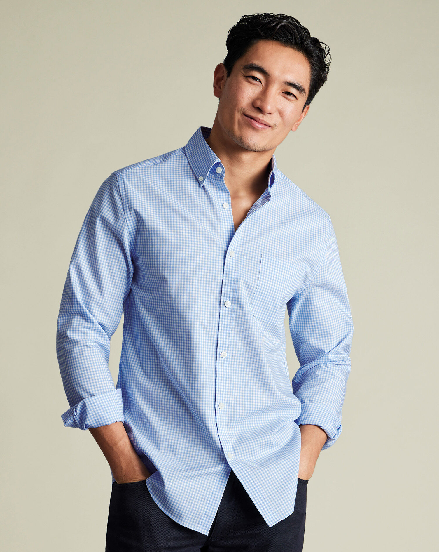 Non-Iron Stretch Poplin Check Shirt - Cornflower Blue