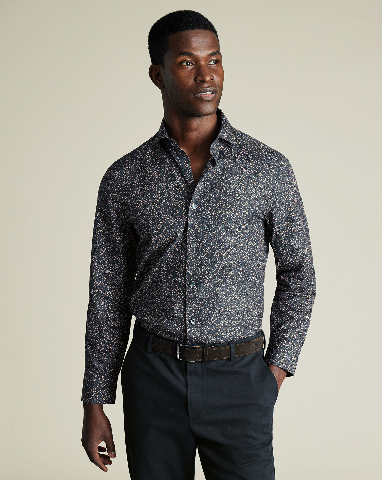 Made with Liberty Fabric Leaf Shirt - Navy Blue