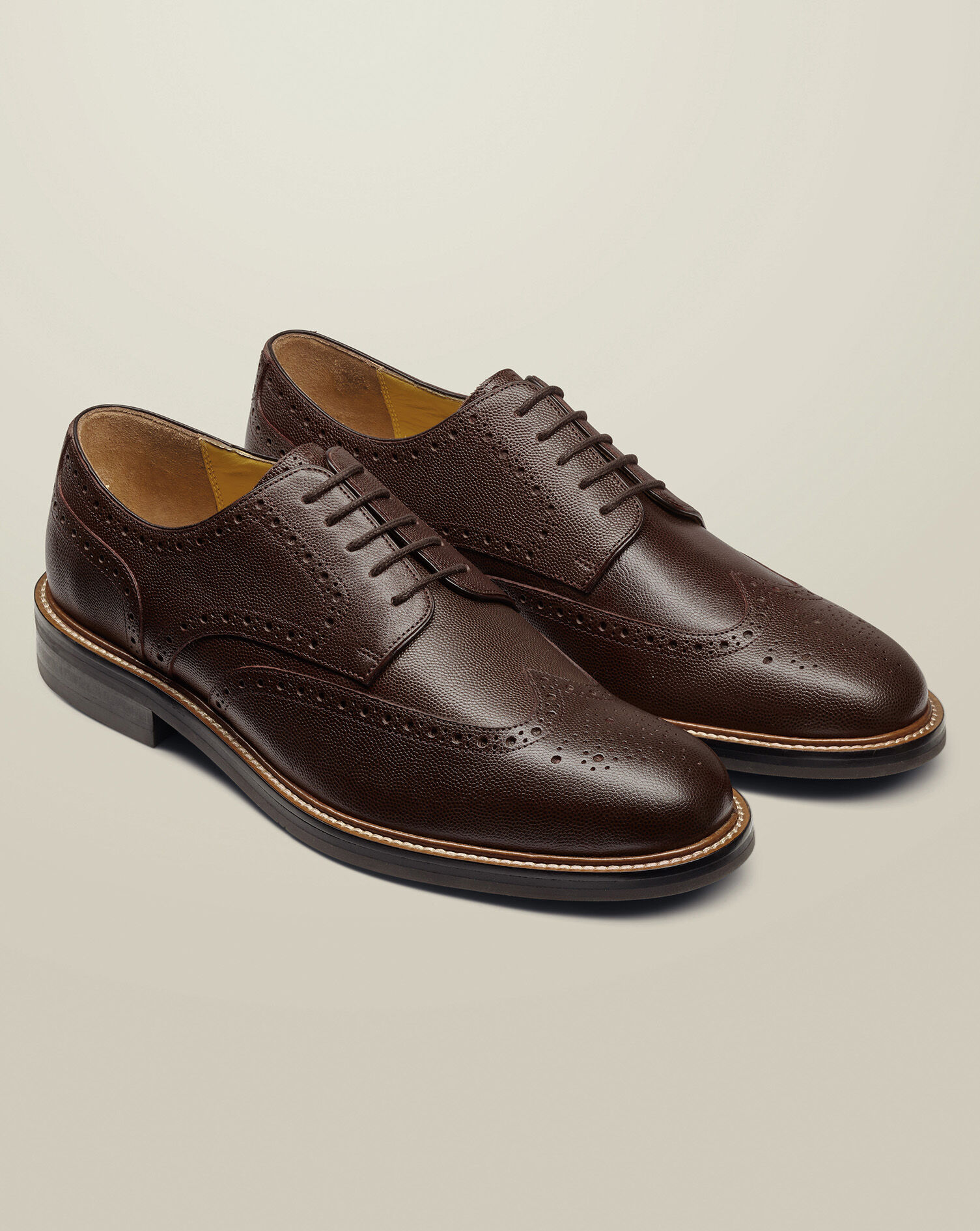 Grain Leather Derby Brogue Rubber Sole Shoe - Chestnut Brown
