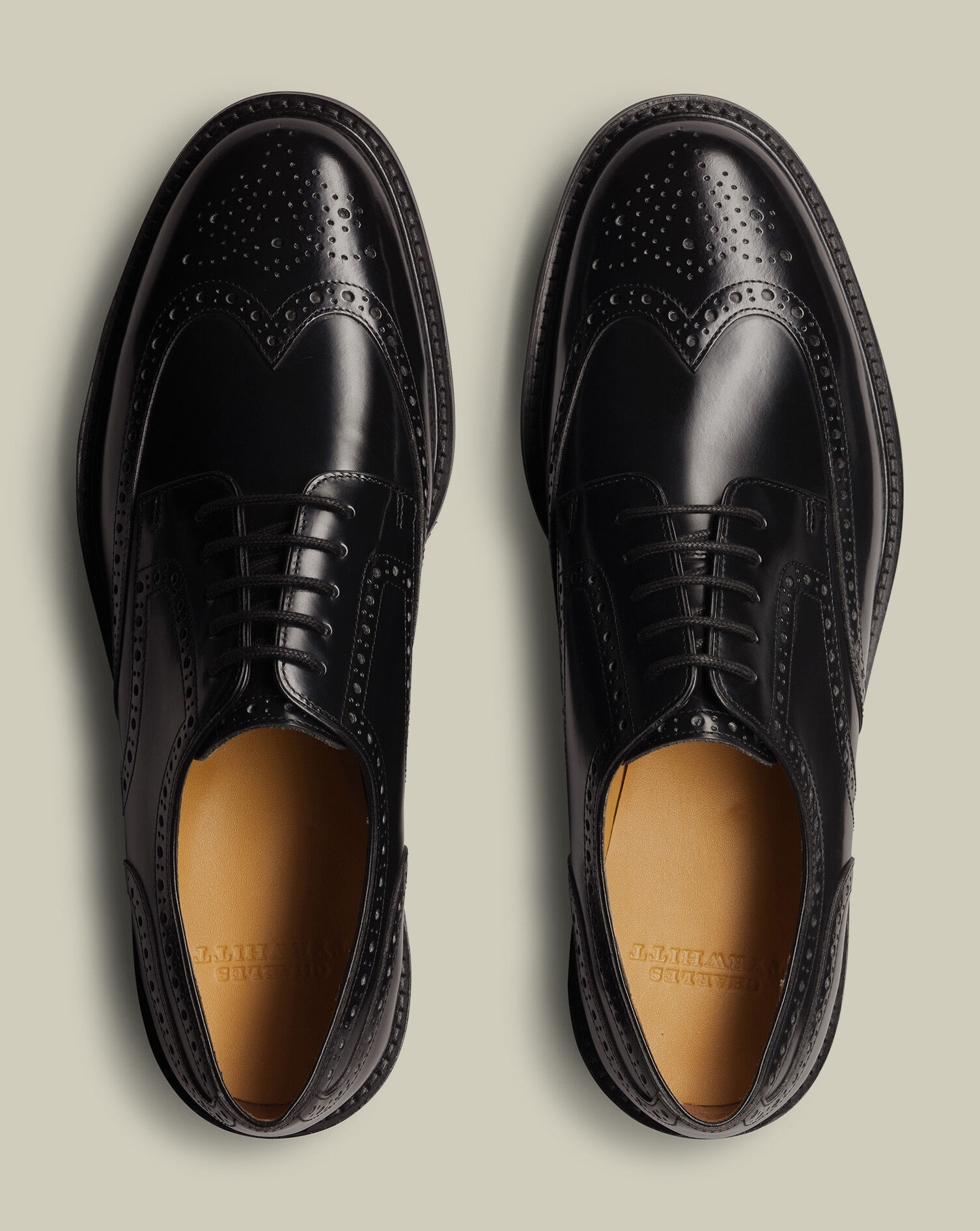 High Shine Leather Derby Brogue Rubber Sole Shoe - Black