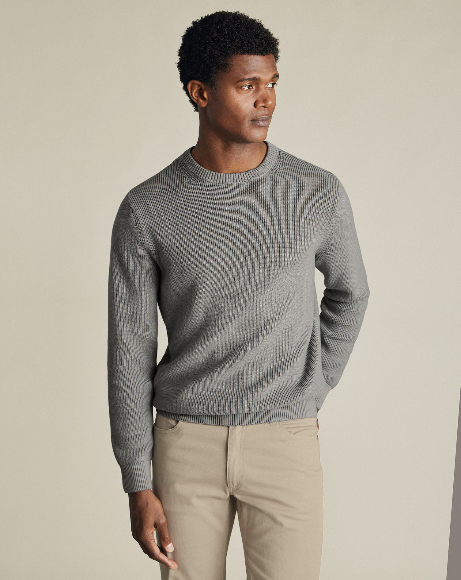 Cotton Rib Crew Neck Sweater - Gray