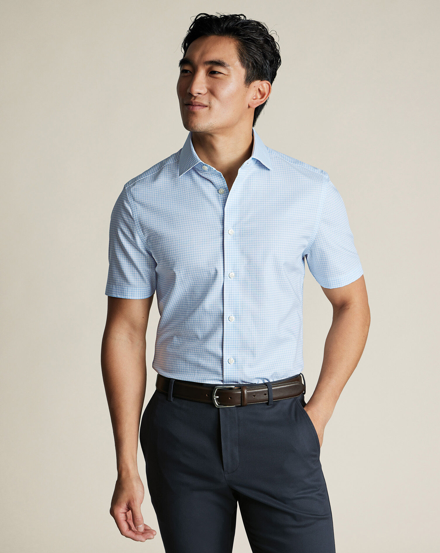 Non-Iron Cotton Linen Check Short Sleeve Shirt - Sky Blue