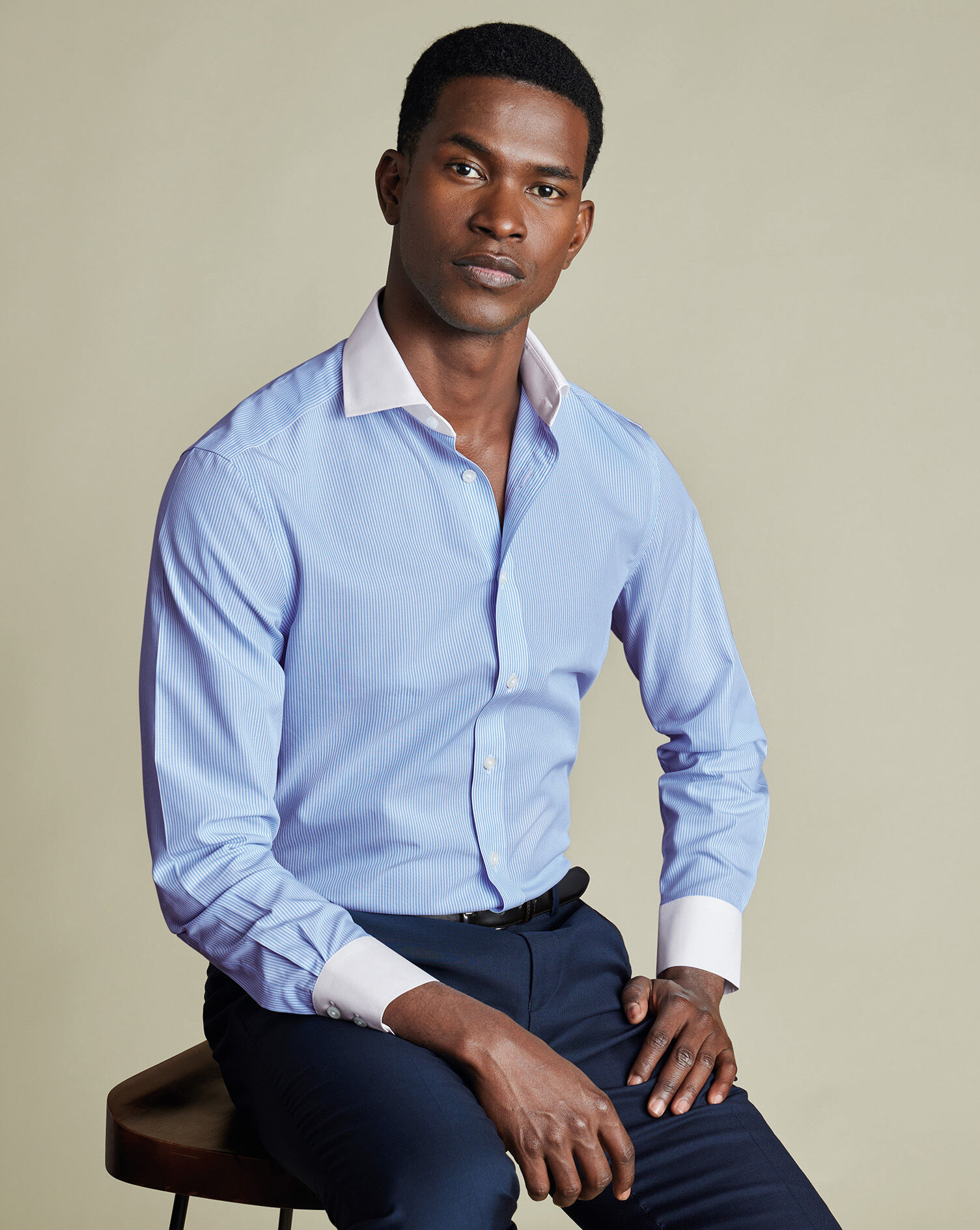 Spread Collar Non-Iron Poplin Stripe Winchester Shirt - Sky Blue