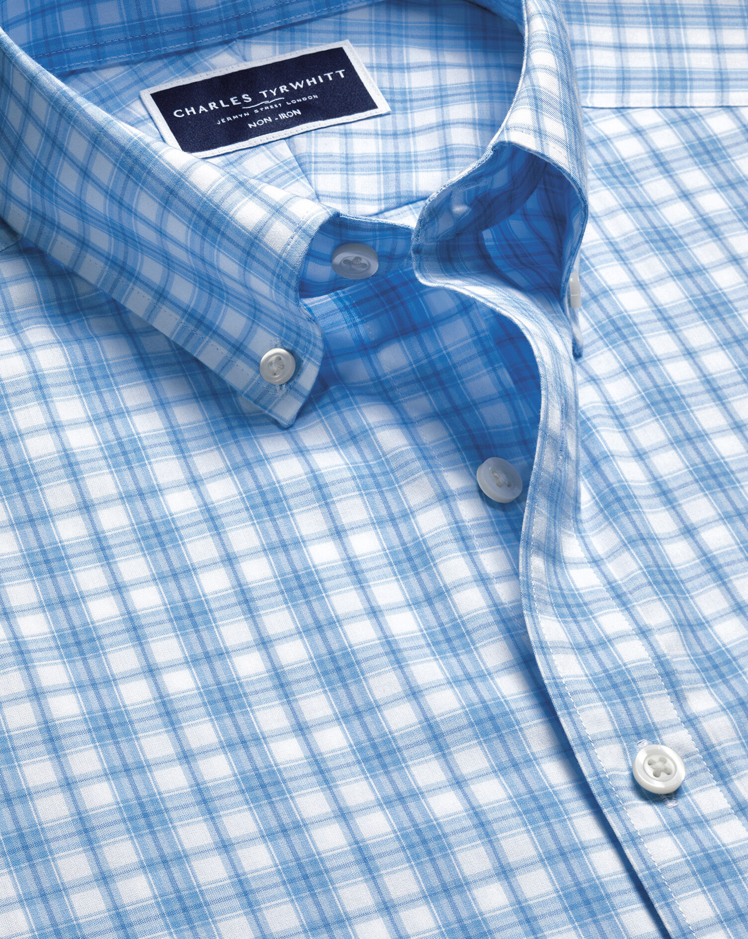 Non-Iron Stretch Poplin Check Shirt - Cornflower Blue