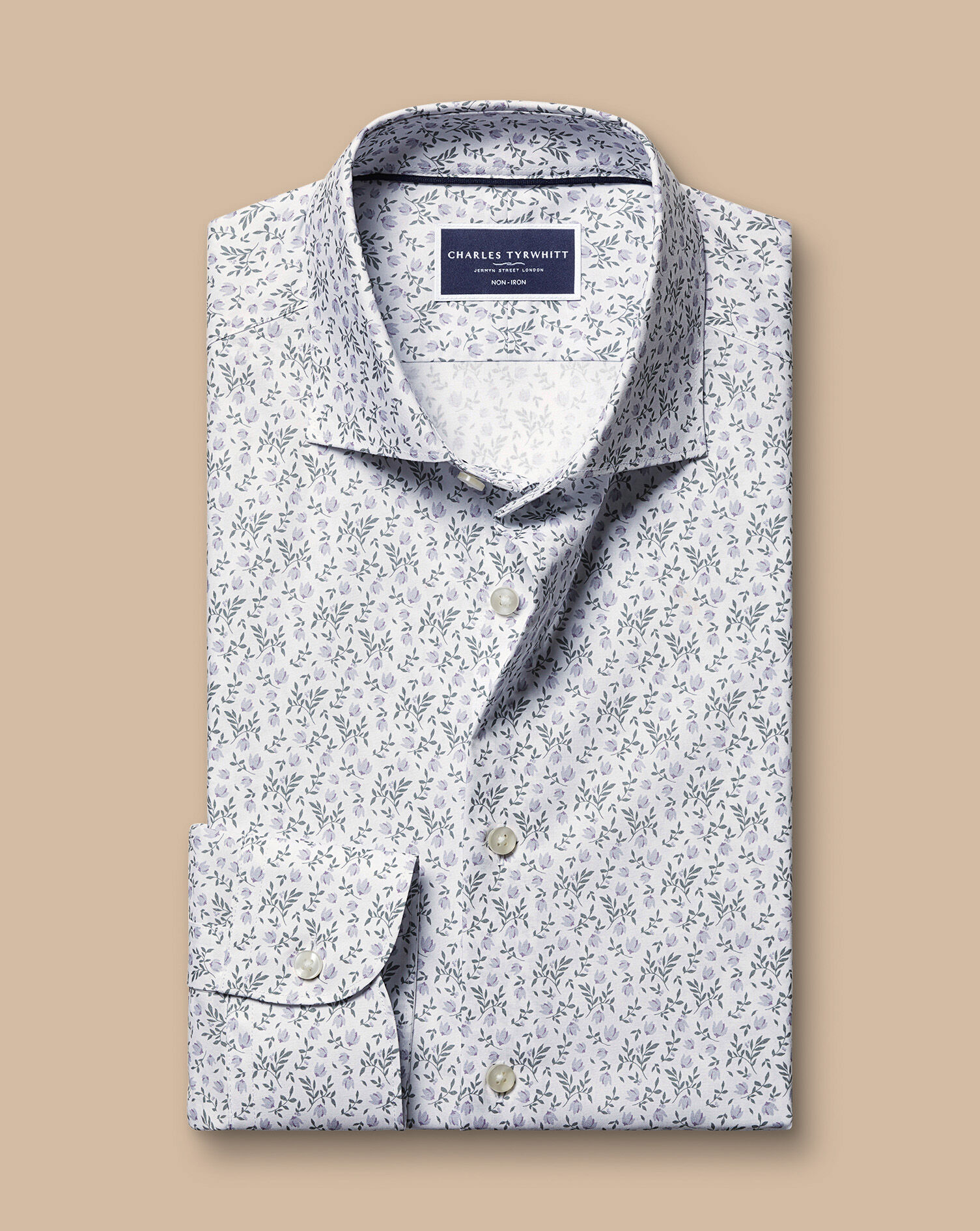 Semi-Spread Collar Non-Iron Stretch Floral Print Shirt - White