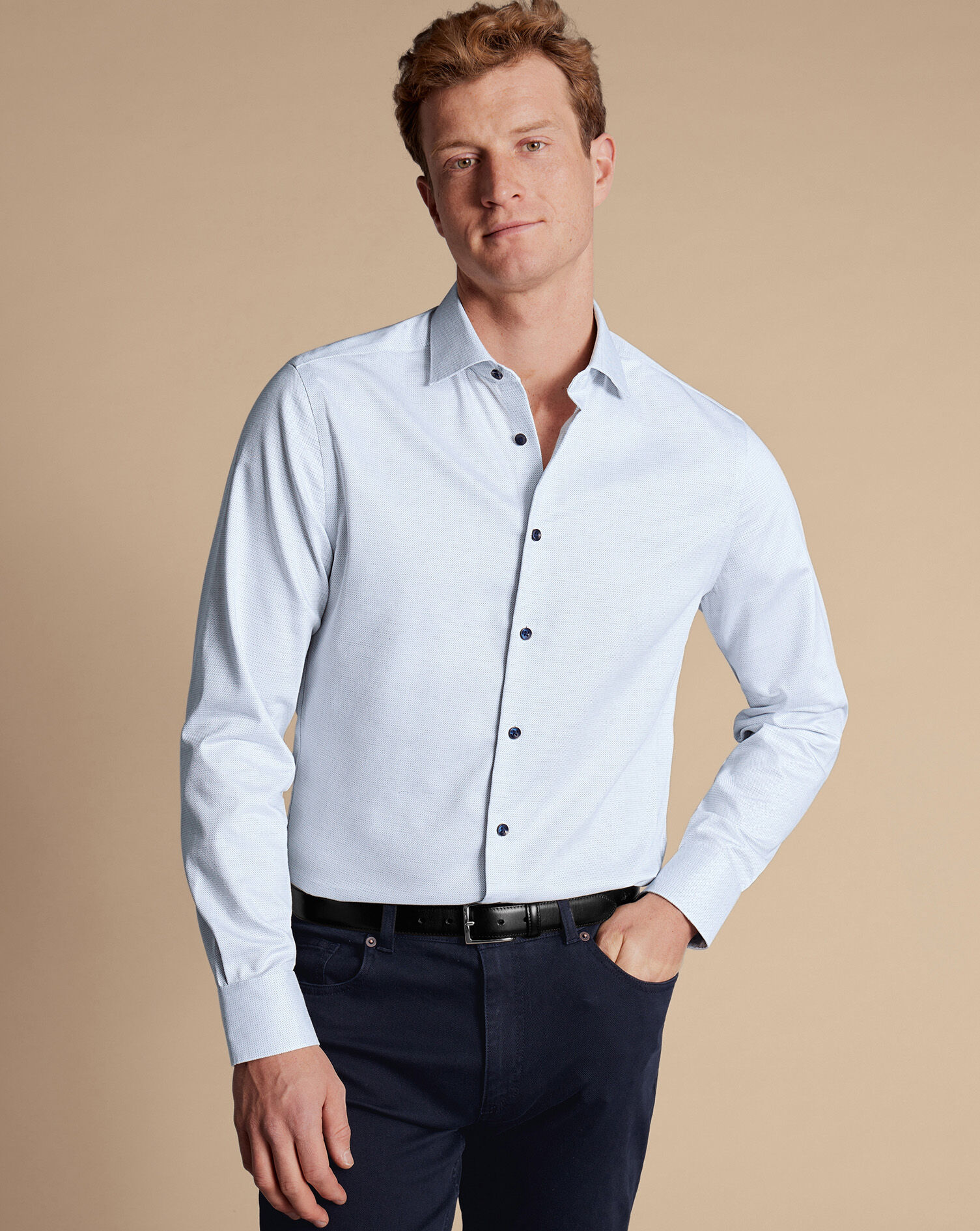 Semi-Spread Collar Non-Iron Dot Stretch Texture Shirt - White