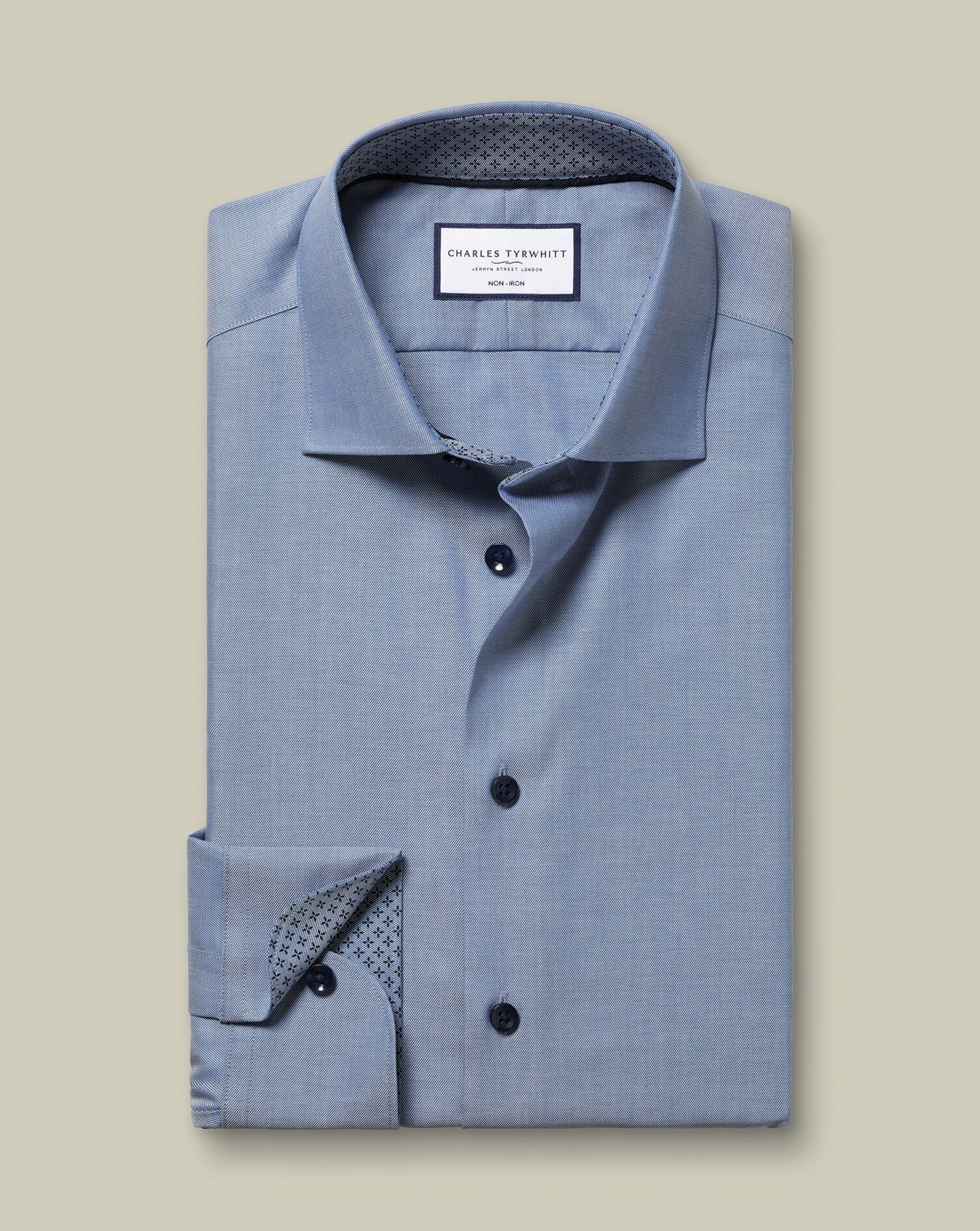 Non-Iron Stretch Printed Trim Shirt - Steel Blue