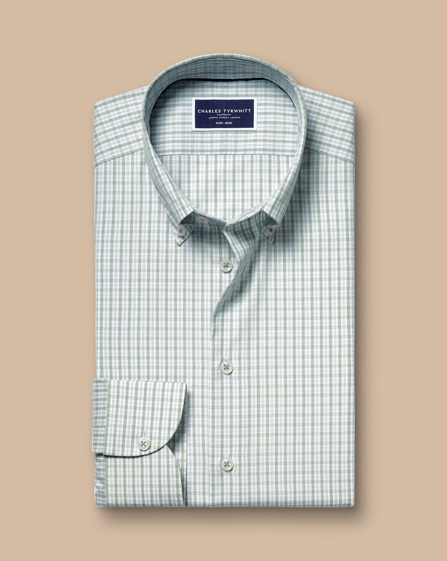 Button-Down Collar Non-Iron Grid Check Oxford Shirt - Sage Green