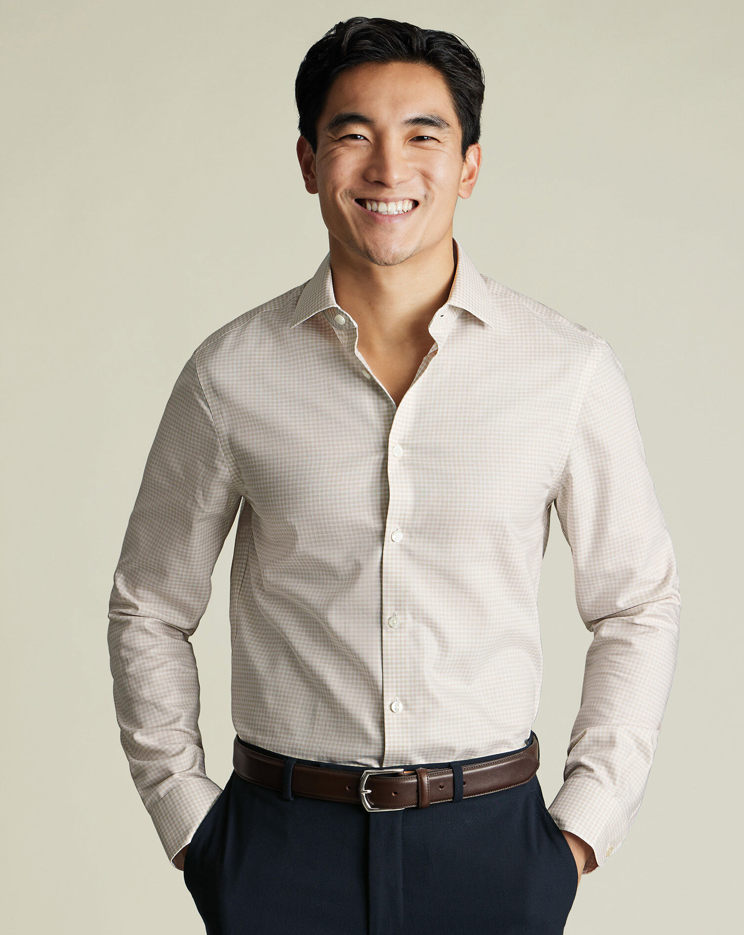 Non-Iron Cotton Linen Check Shirt - Stone