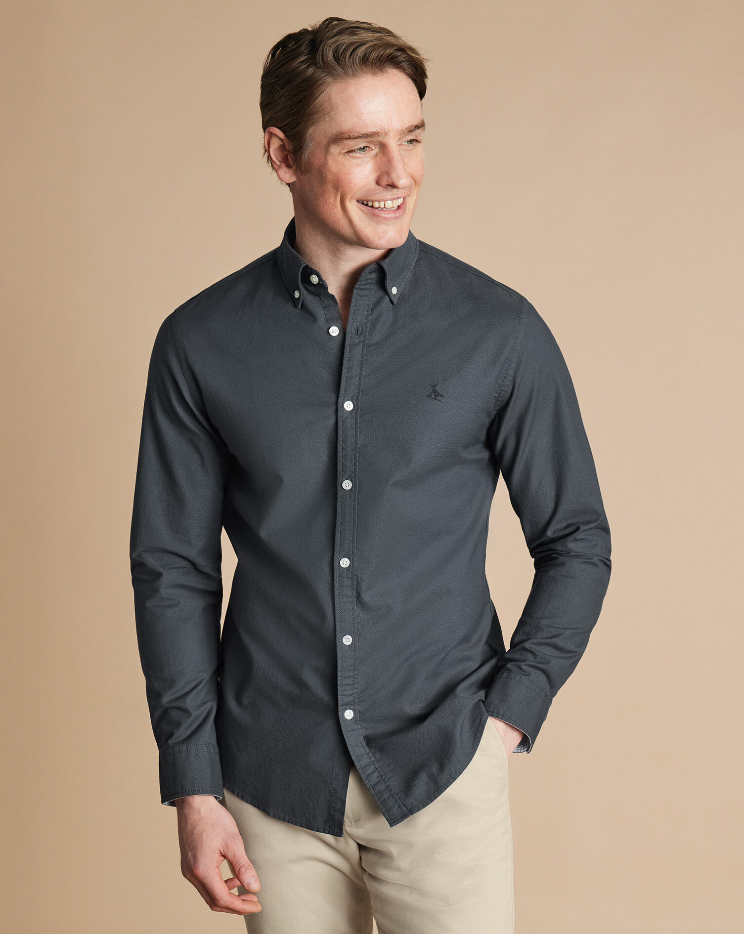 Slate Grey Button-Down Collar Stretch Washed Oxford Shirt