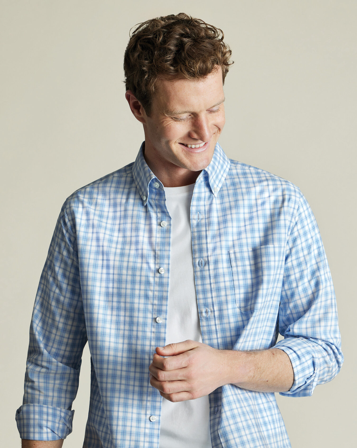 Non-Iron Stretch Poplin Check Shirt - Cornflower Blue