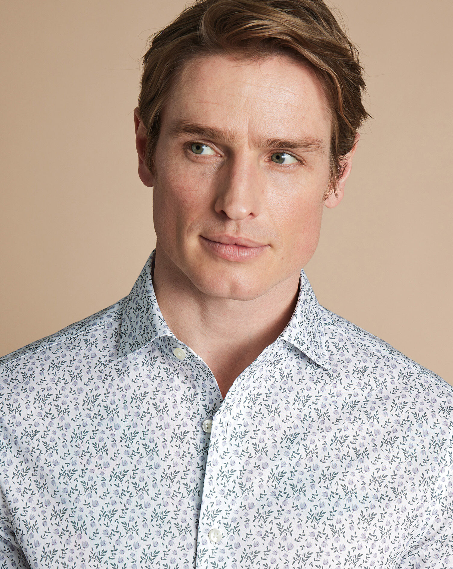 Semi-Spread Collar Non-Iron Stretch Floral Print Shirt - White