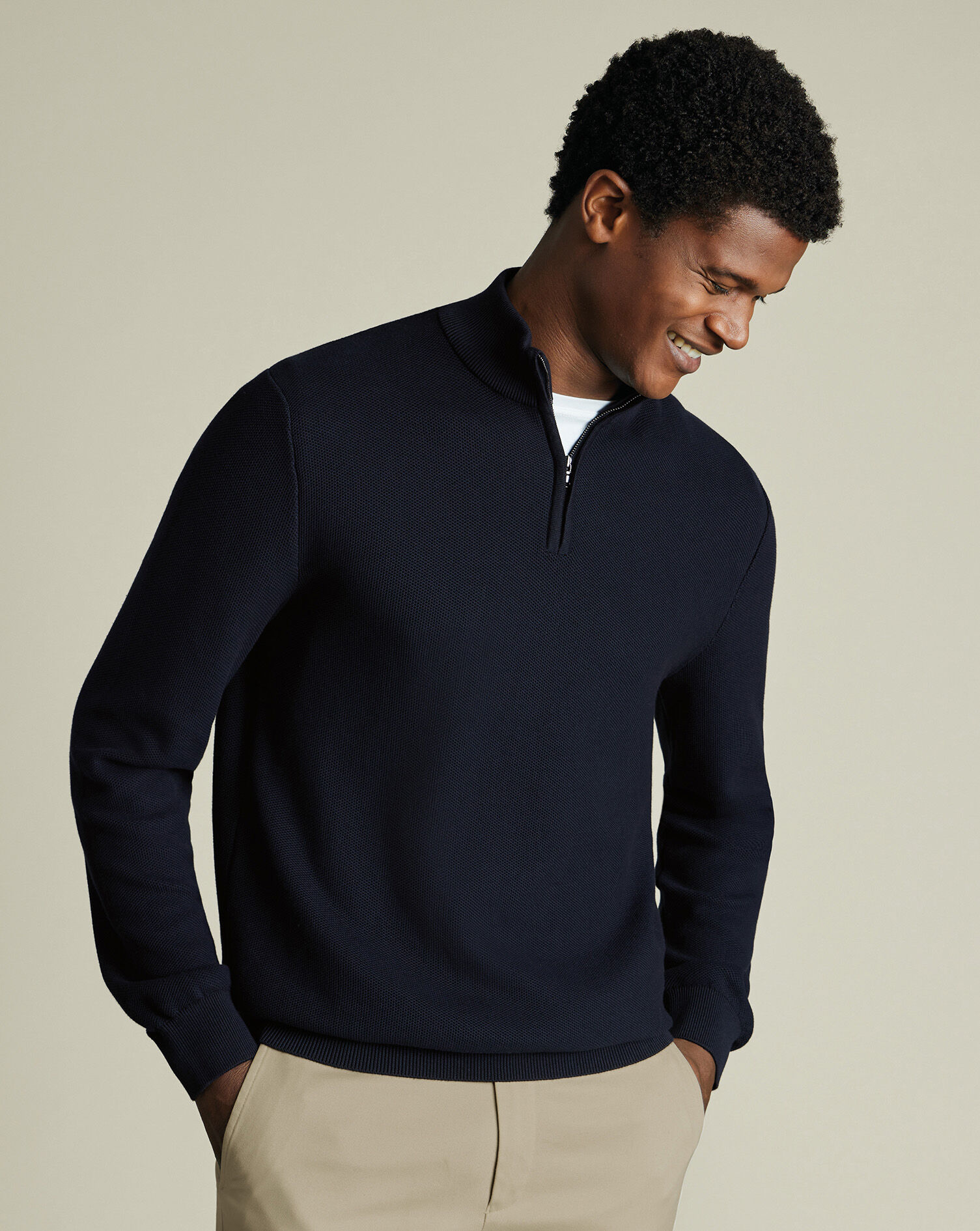 Honeycomb Cotton Quarter Zip Sweater - Navy