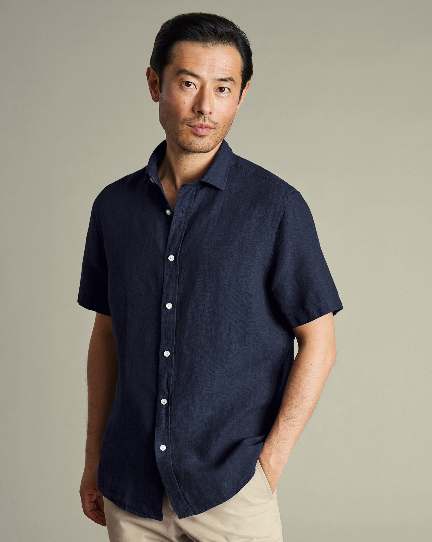 Pure Linen Short Sleeve Shirt - Navy