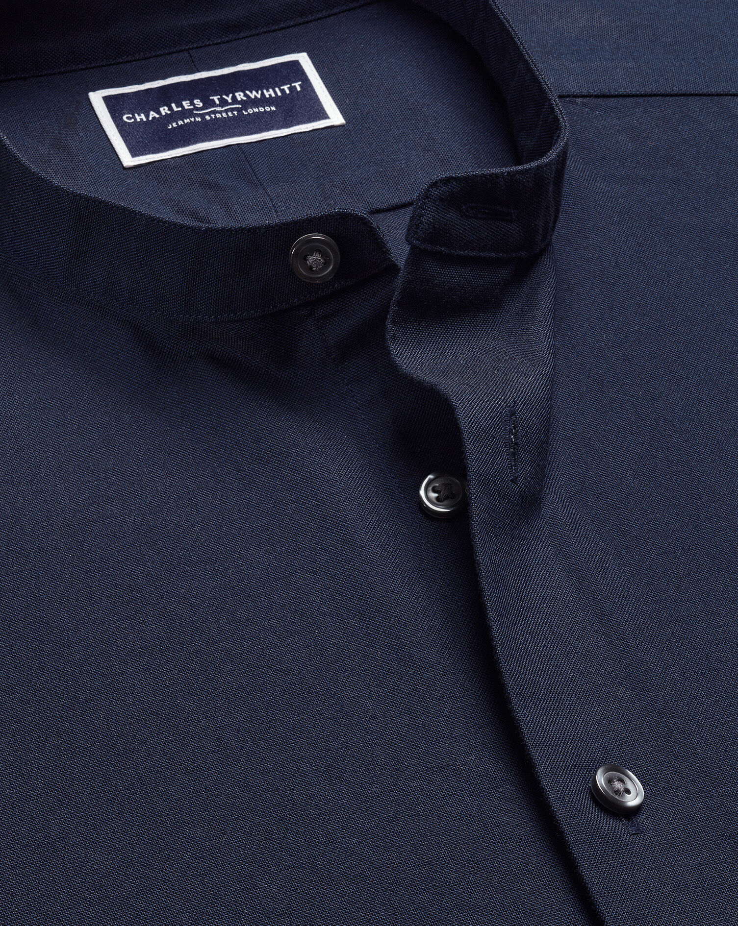 Collarless Stretch Washed Oxford Shirt - Ink Blue