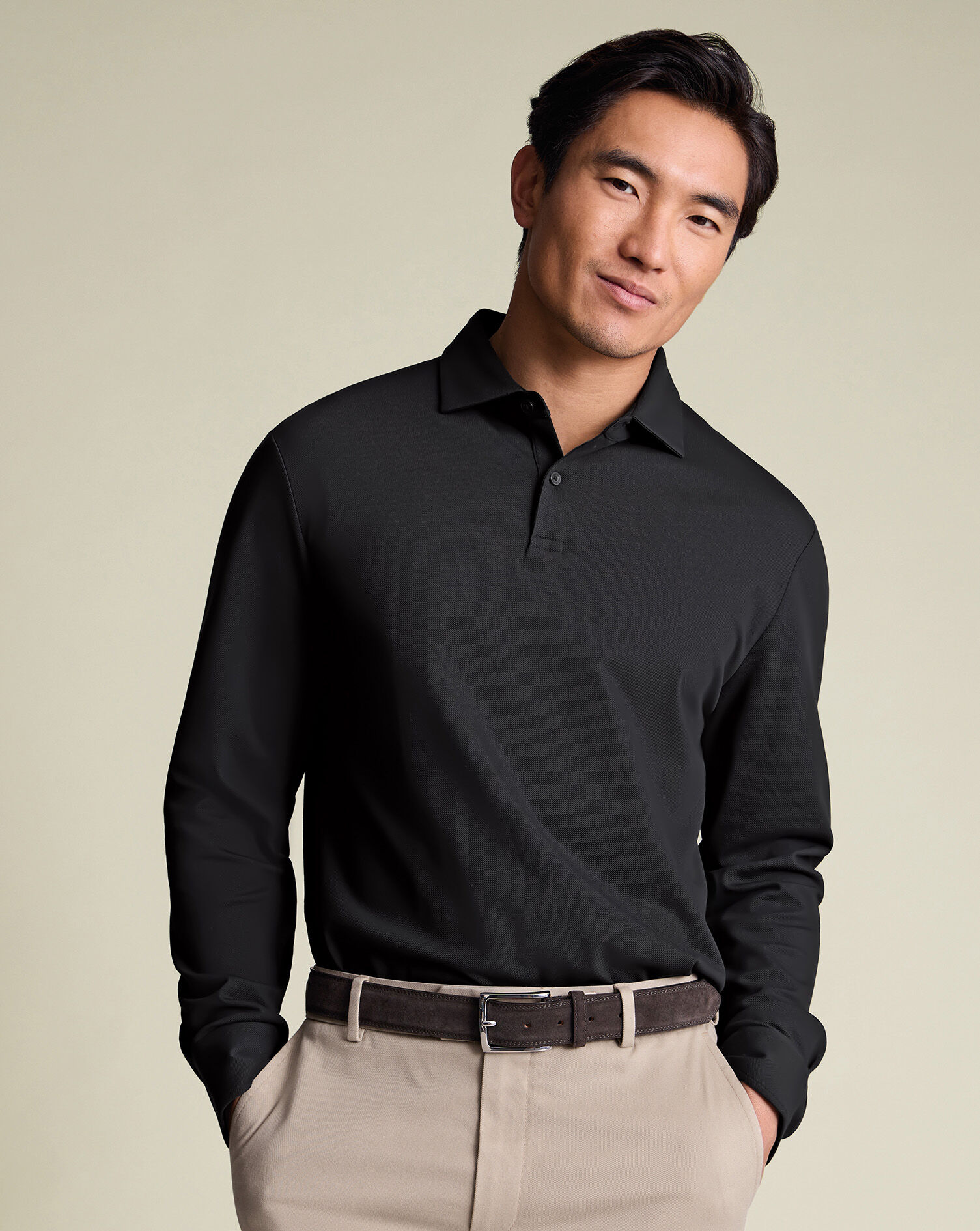 Long Sleeve Smart Pique Polo - Black