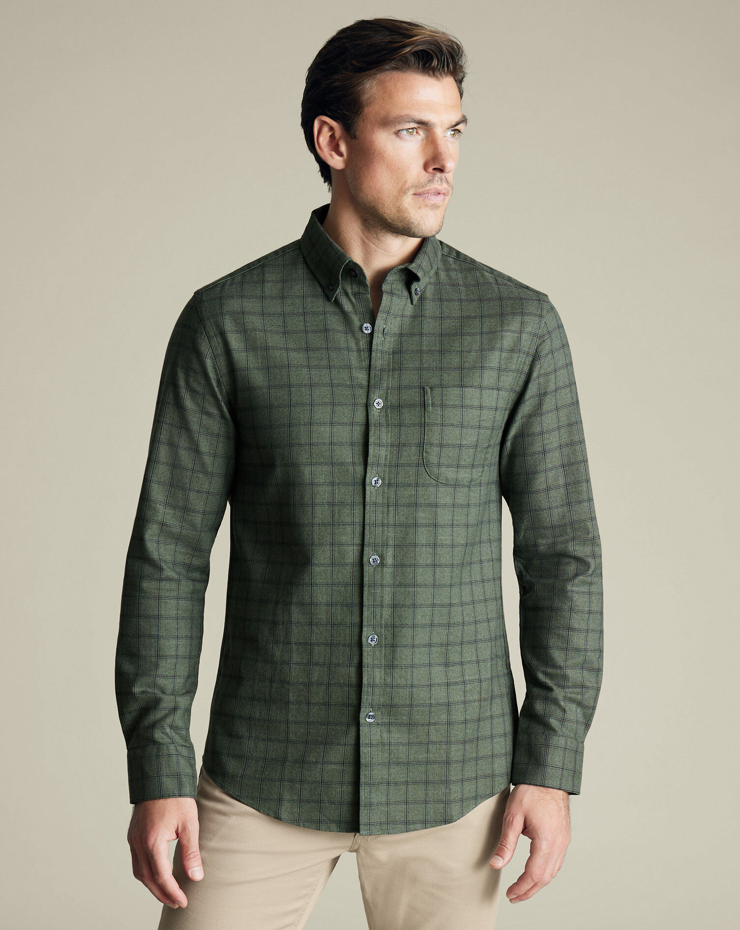 Non-Iron Twill Grid Check Shirt - Sage Green