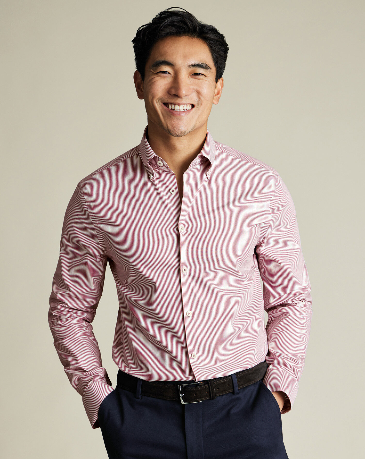 Button-Down Non-Iron Oxford Stripe Shirt - Red