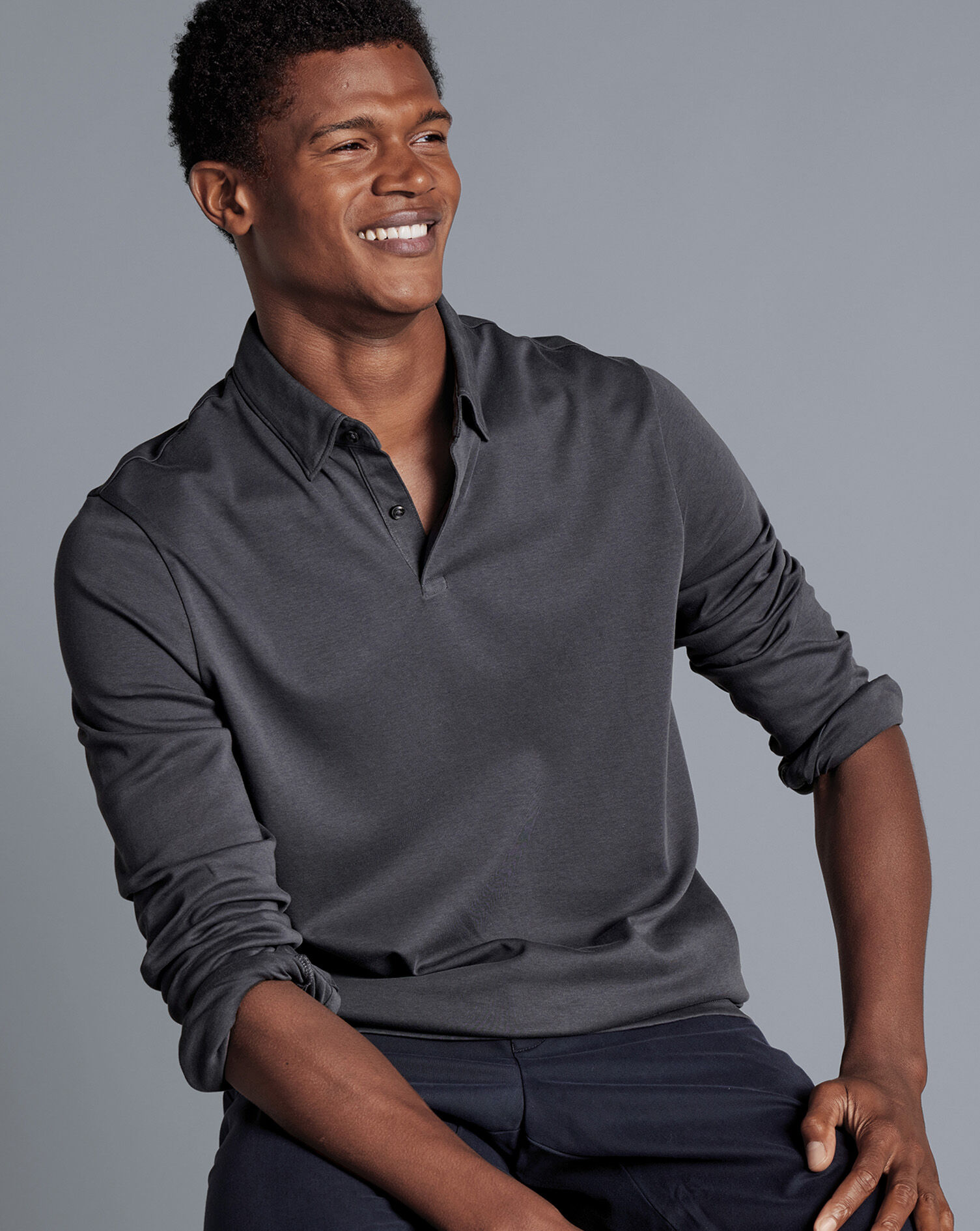 Combed Cotton Long Sleeve Polo - Dark Gray