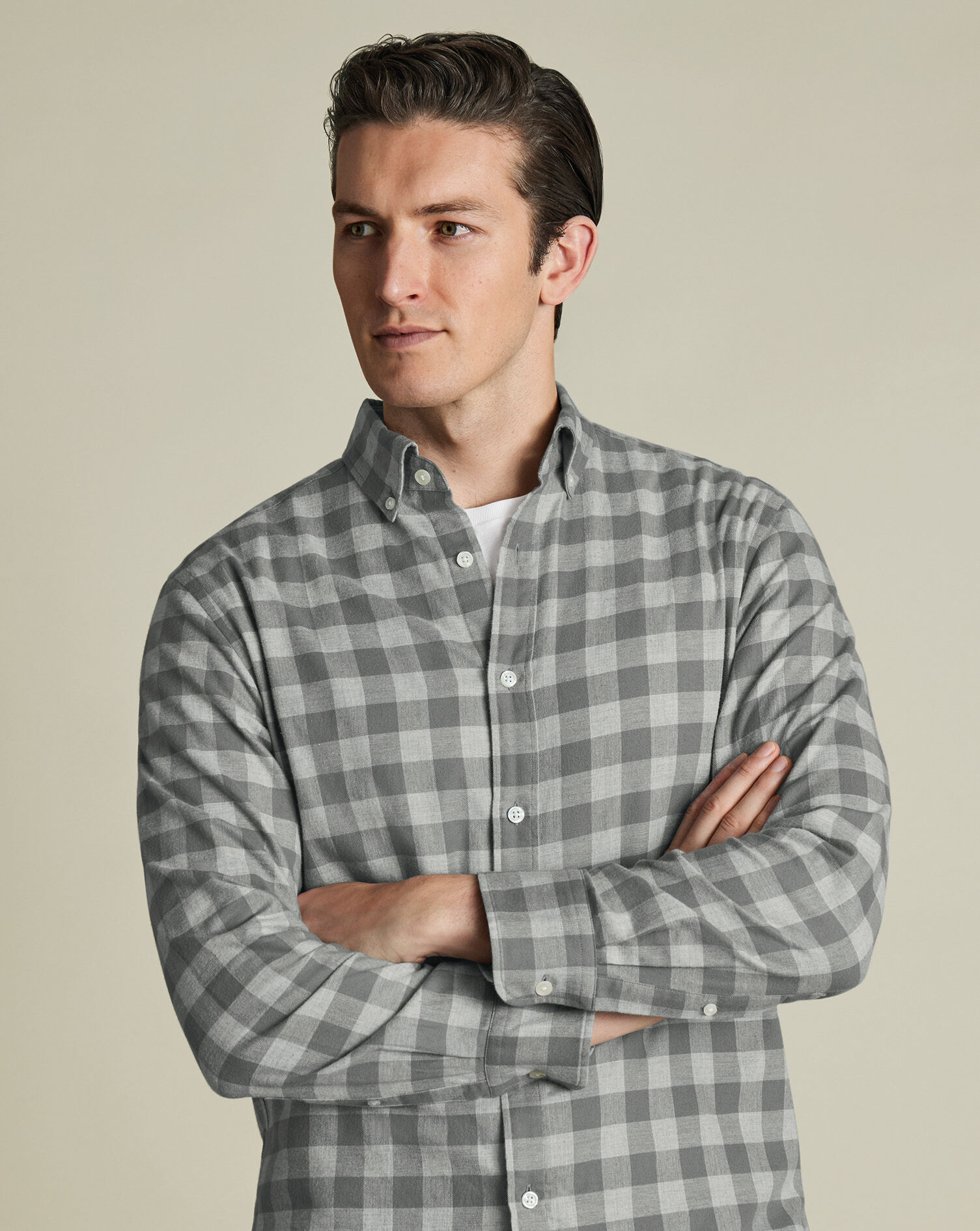 Button-Down Collar Brushed Flannel Gingham Shirt - Light Gray
