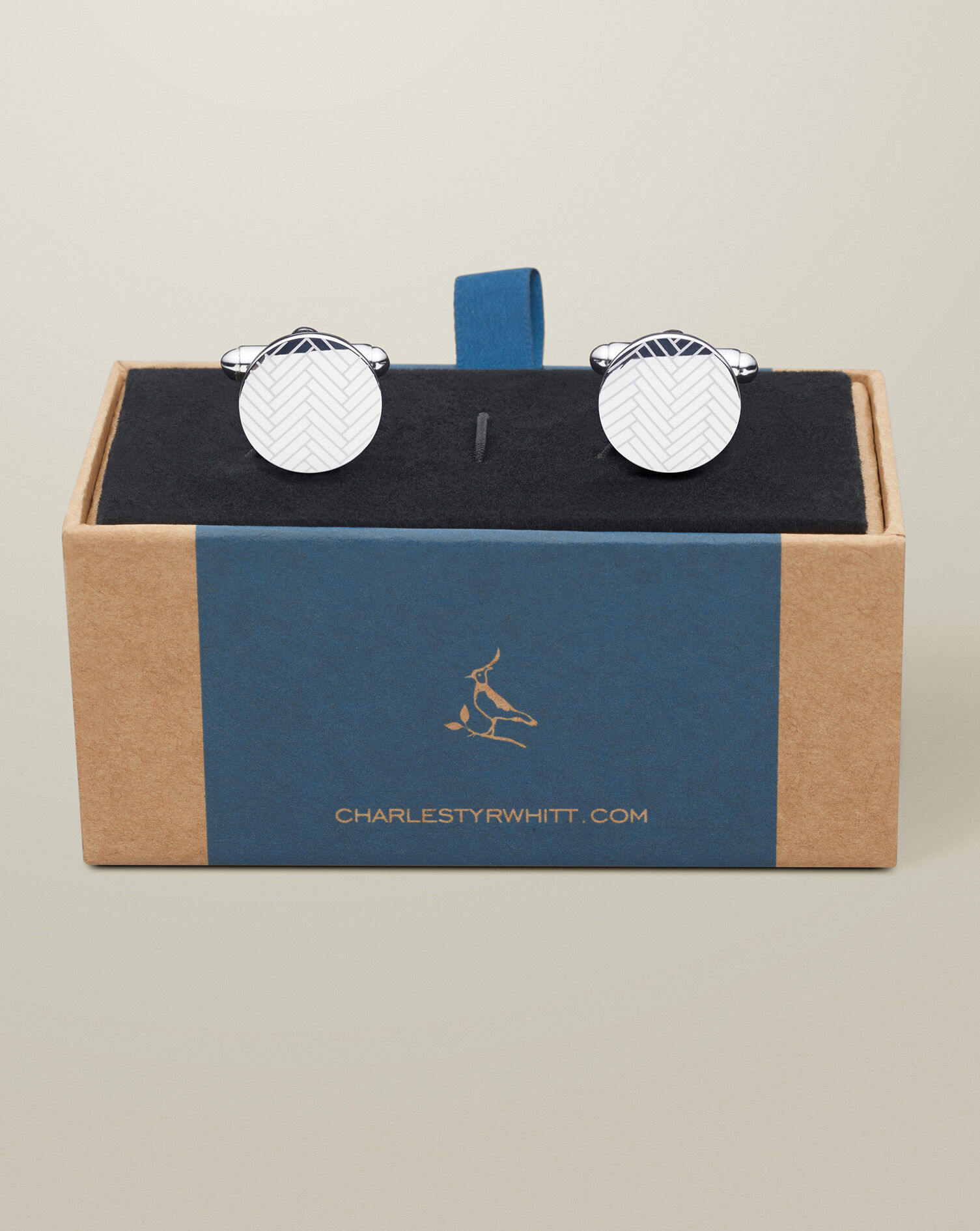 Round Herringbone Cufflinks - Silver