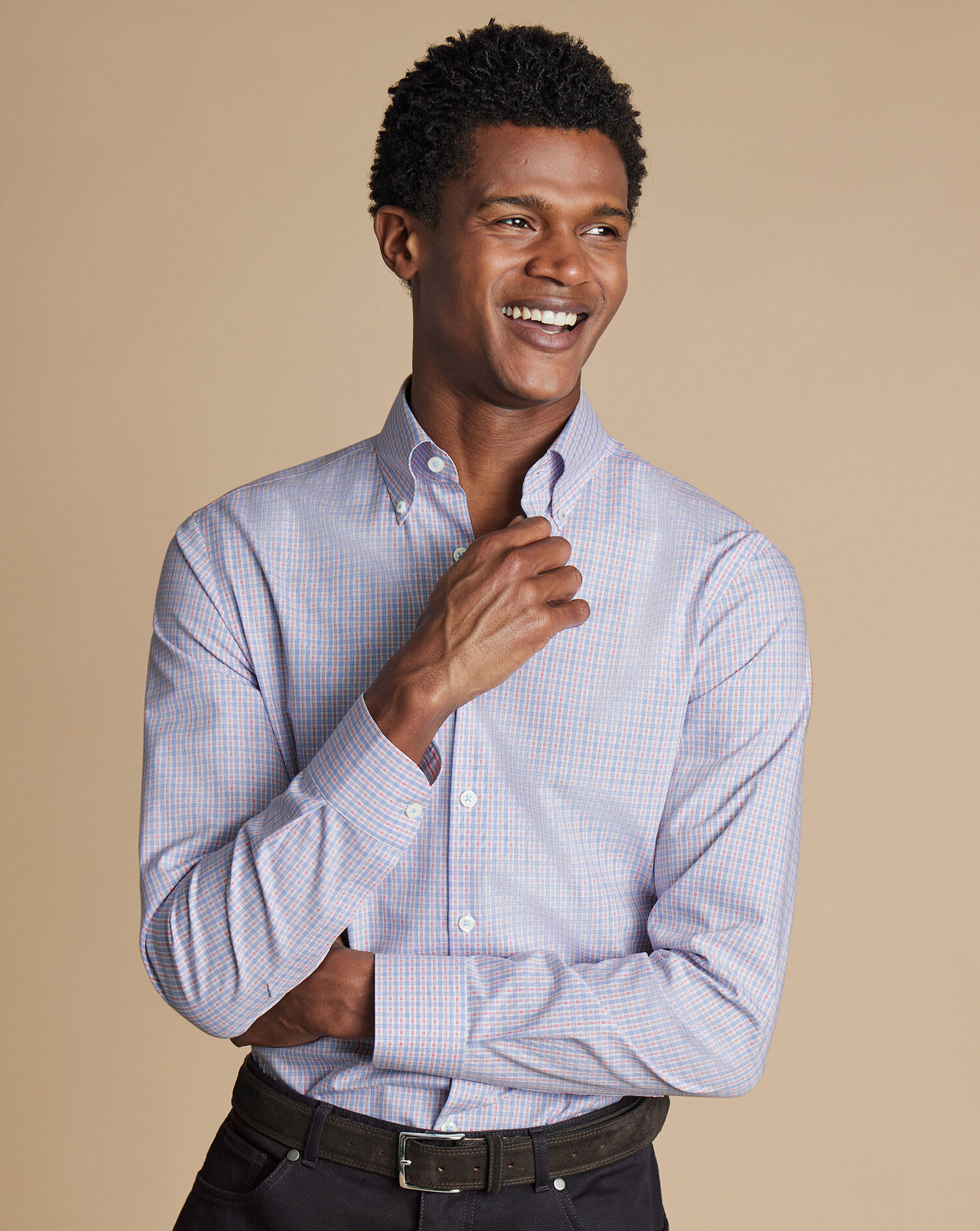 Button-Down Collar Non-Iron Grid Check Oxford Shirt - Red