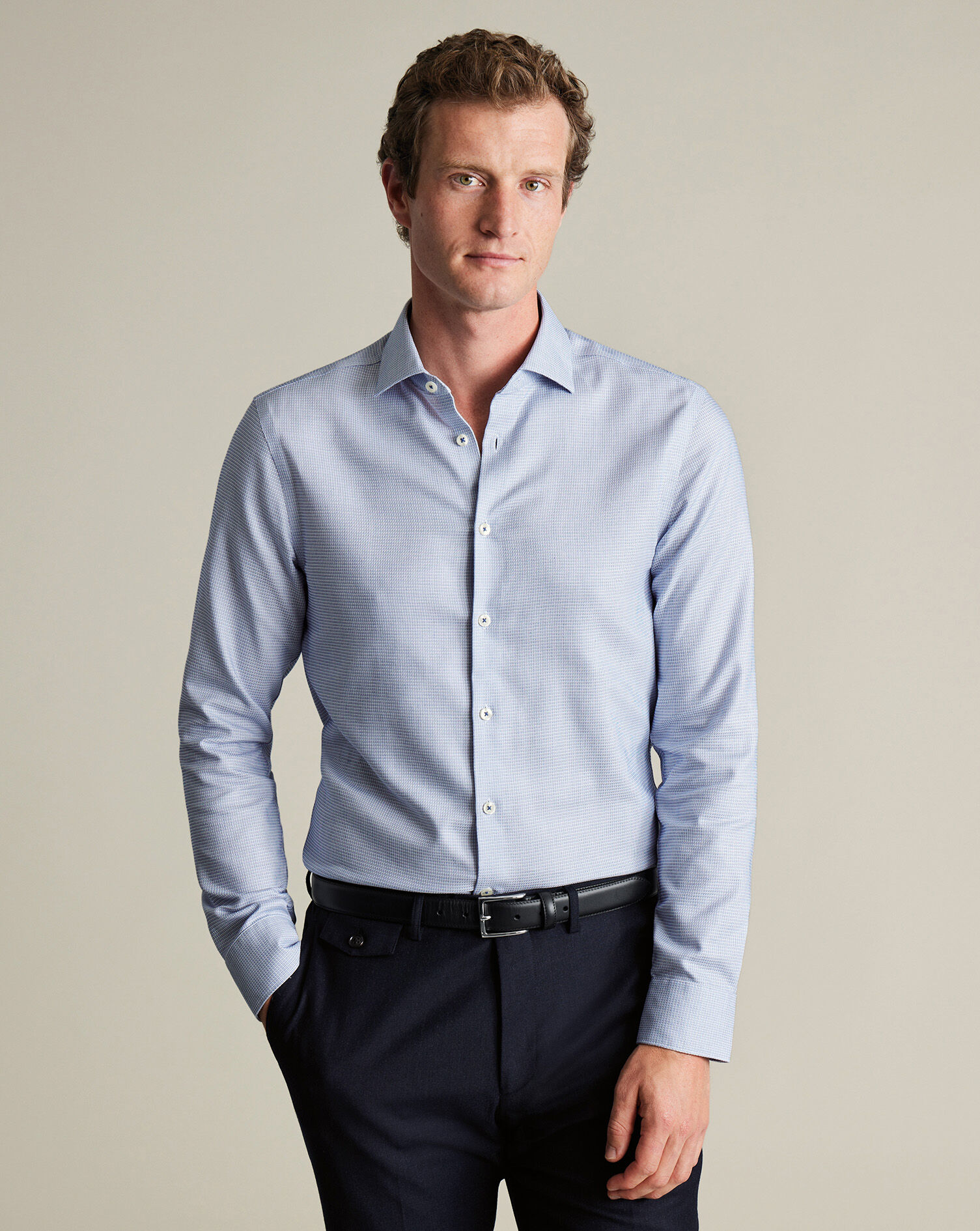 Non-Iron Stretch Texture Square Shirt - Cobalt Blue