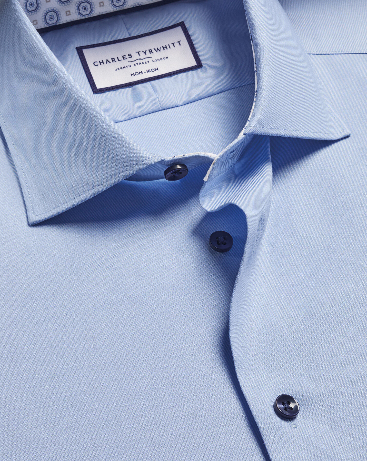 Non-Iron Stretch Printed Trim Shirt - Sky Blue
