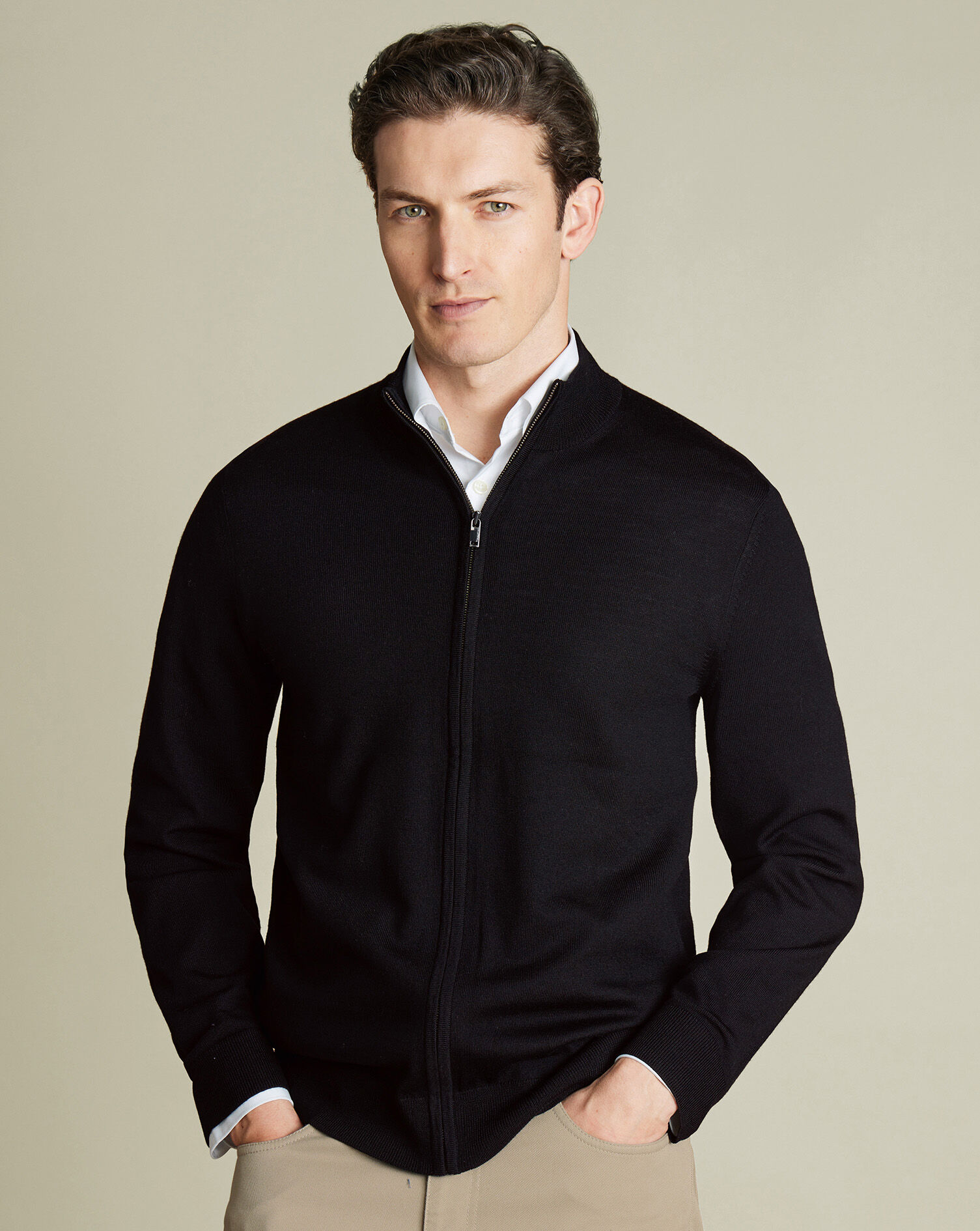 Pure Merino Full Zip Through Cardigan - Black