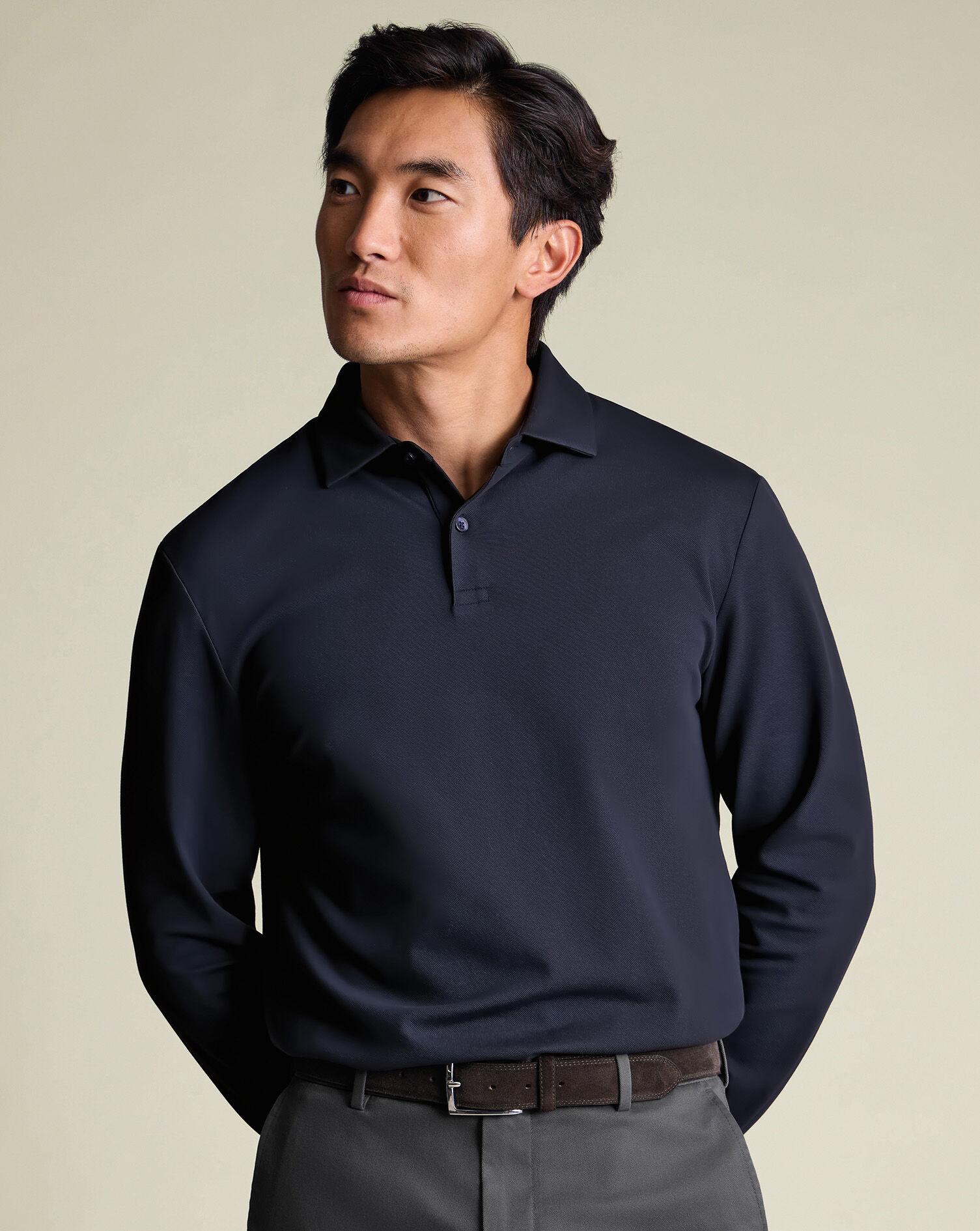 Long Sleeve Smart Pique Polo - Navy
