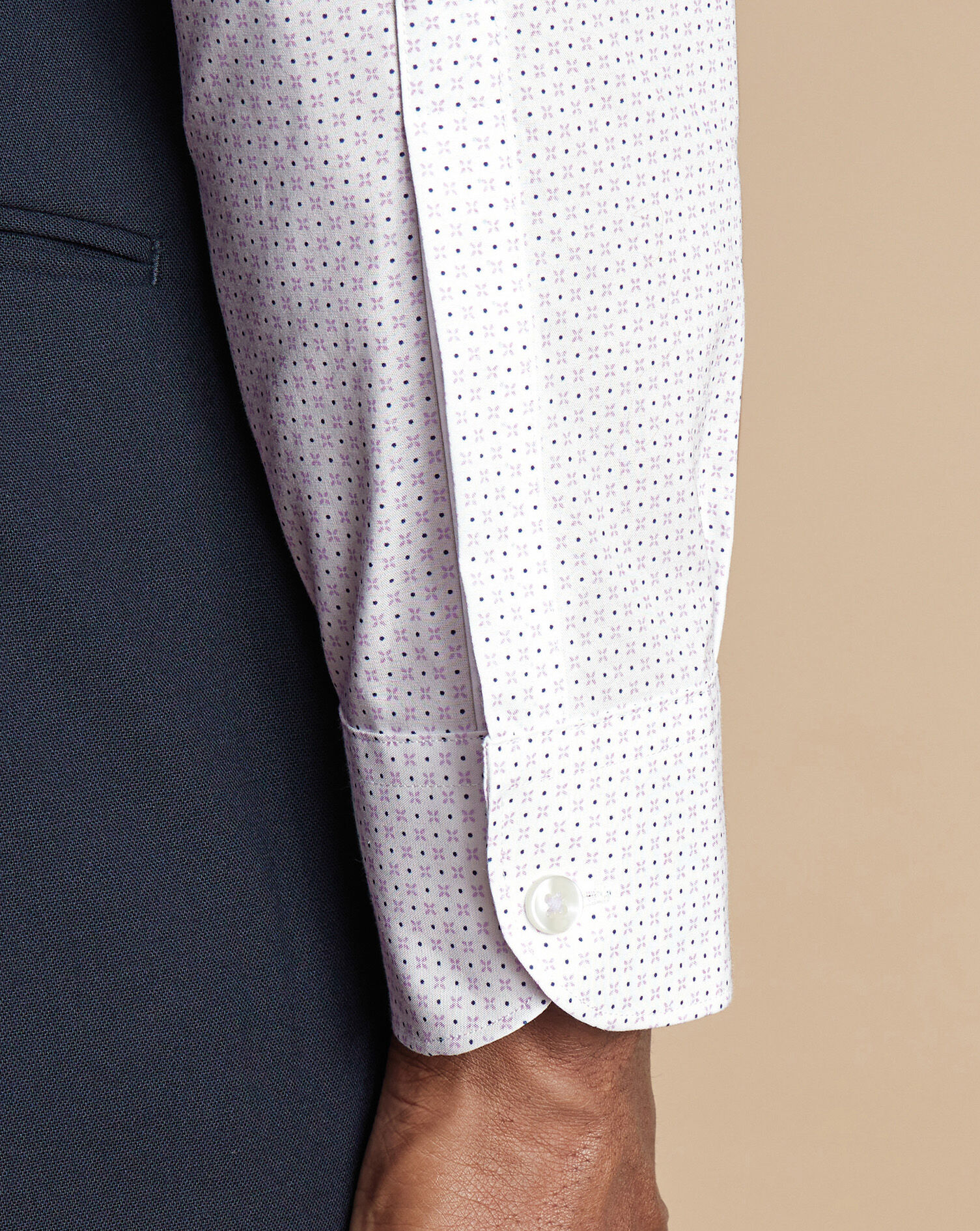 Semi-Spread Collar Non-Iron Stretch Poplin Geo Print Shirt - White & Lilac