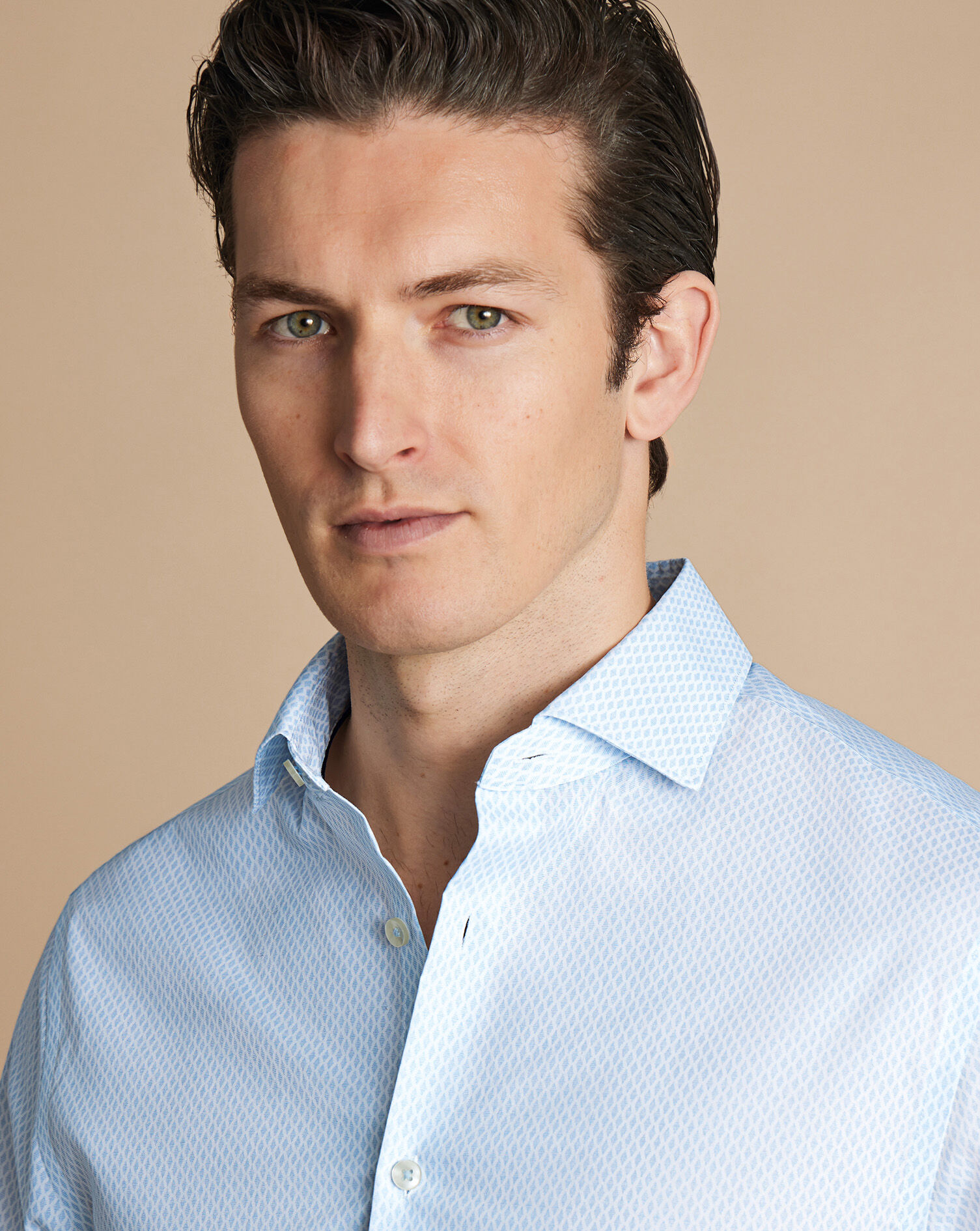 Semi-Spread Collar Non-Iron Stretch Poplin Diamond Print Shirt - Light Blue