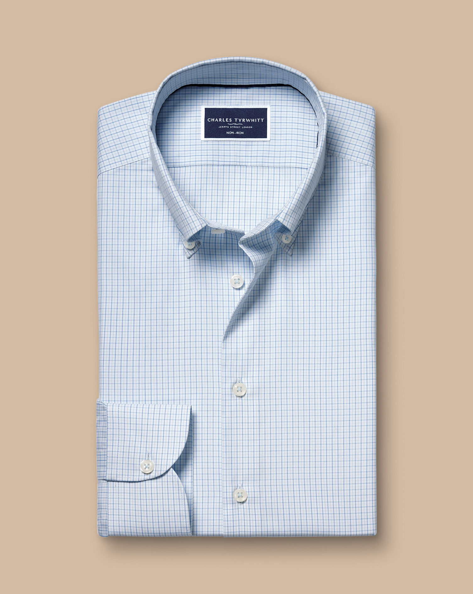 Button-Down Collar Non-Iron Grid Check Oxford Shirt - Light Blue