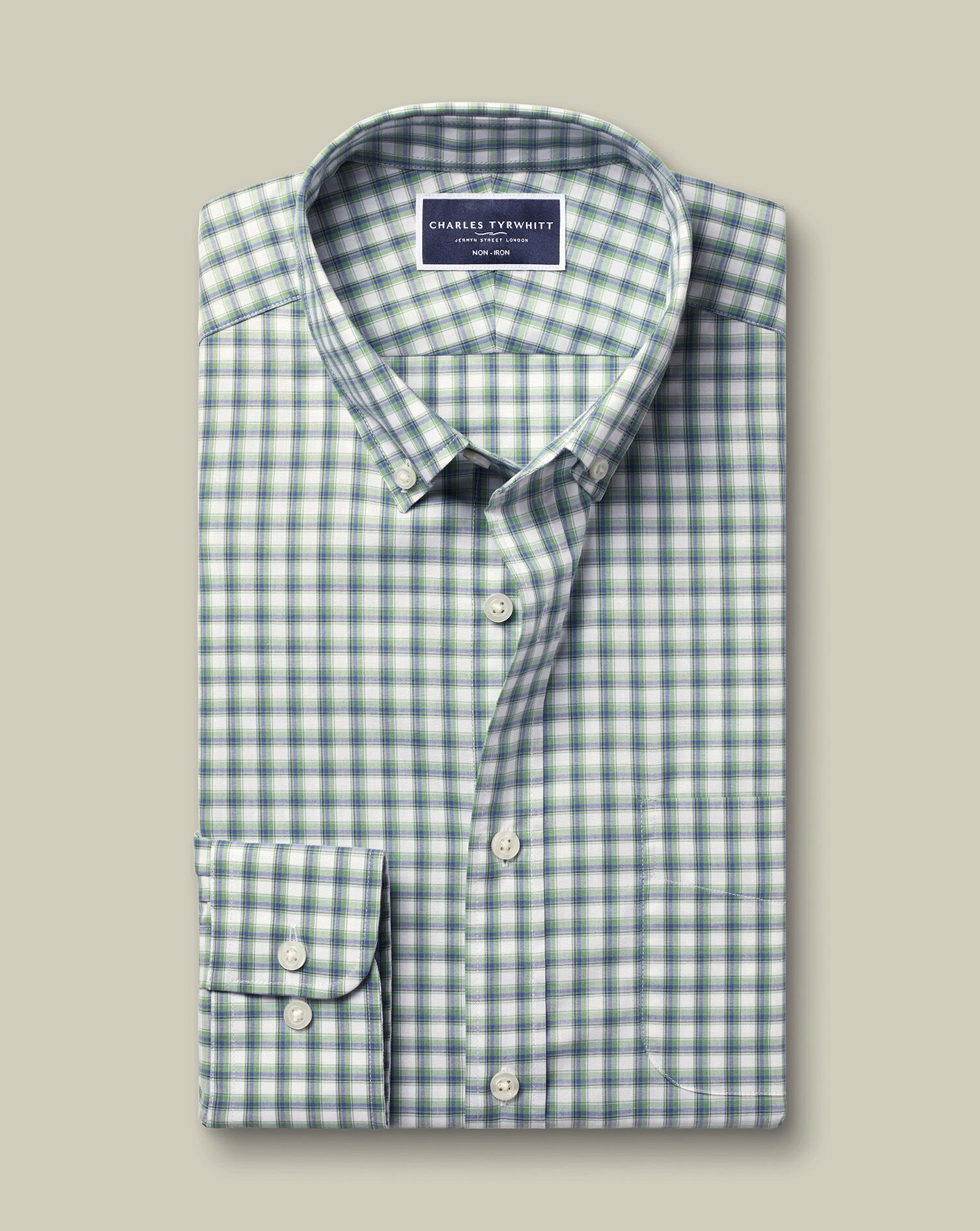 Non-Iron Stretch Poplin Mid Check Shirt - Green & Blue