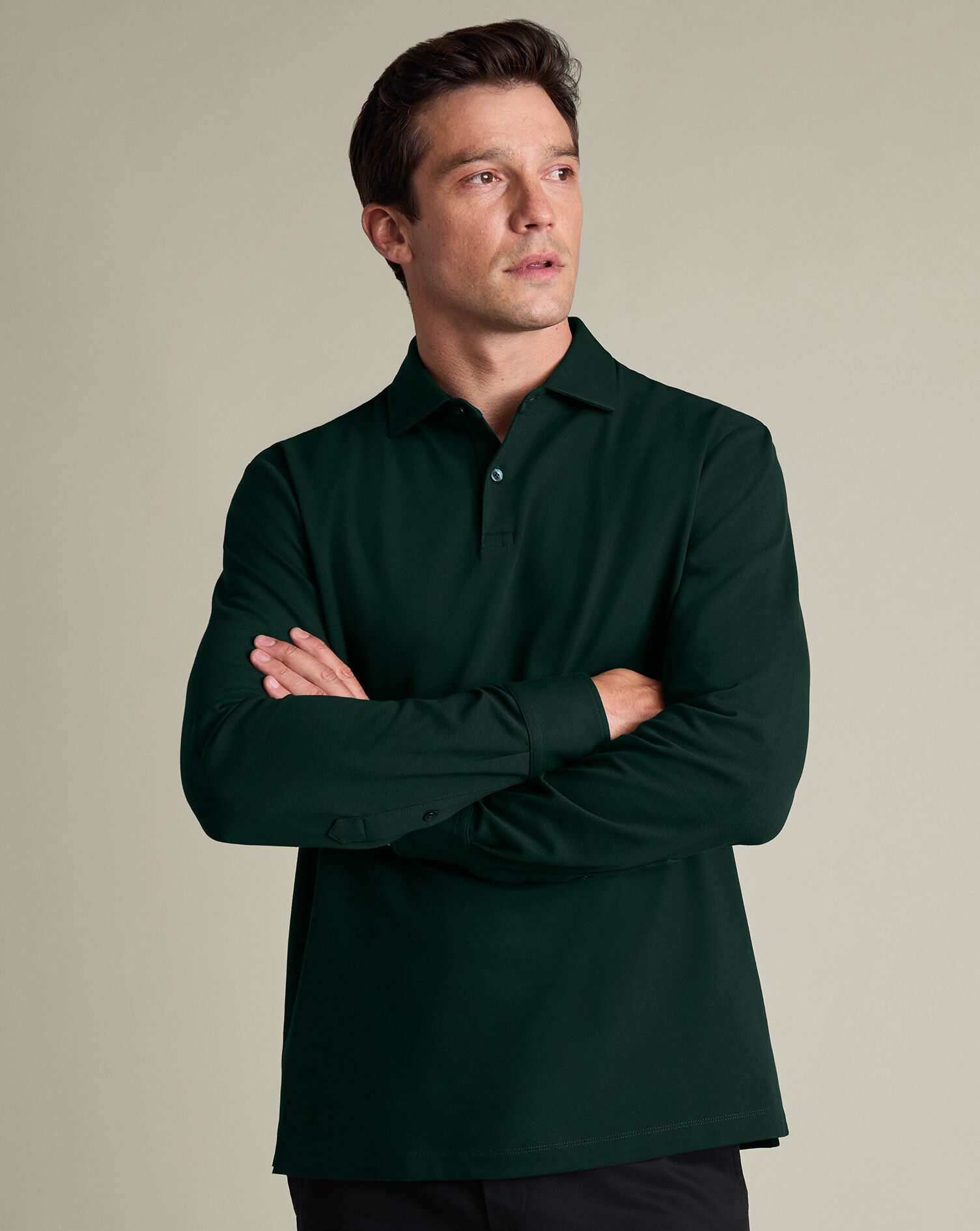 Long Sleeve Smart Pique Polo - Dark Green