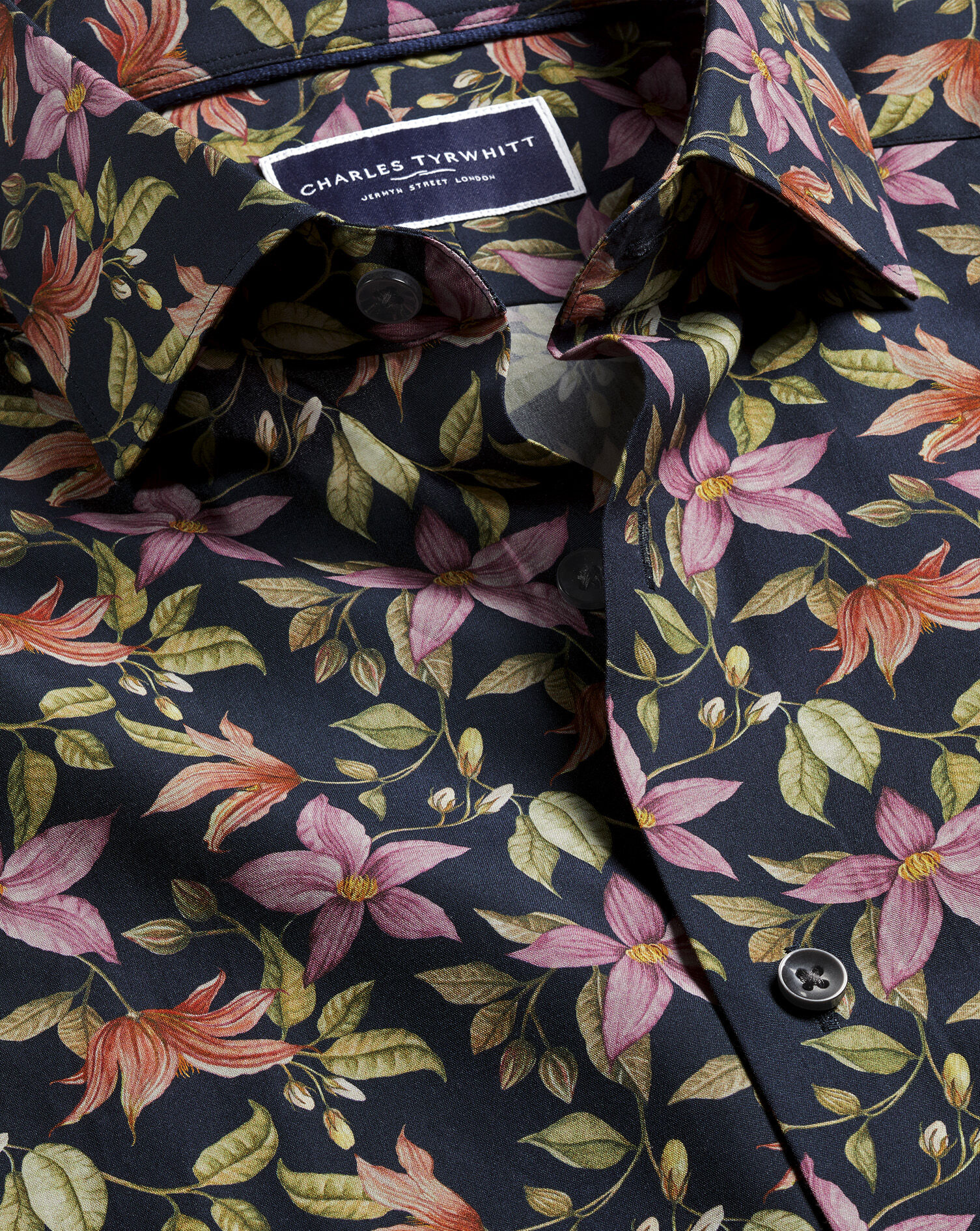 Made with Liberty Fabric Semi-Spread Collar Large Floral Print Shirt - Navy