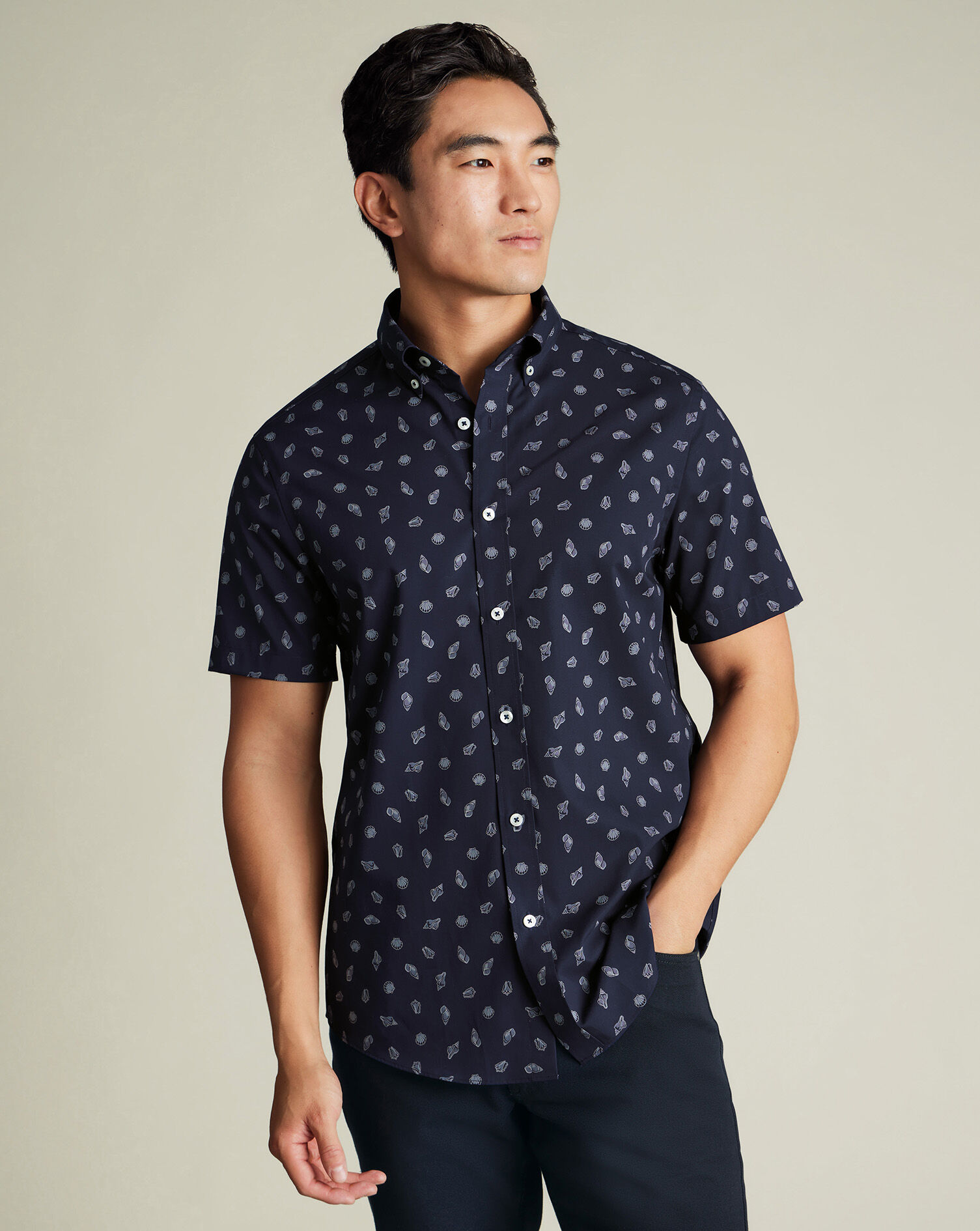 Non-Iron Poplin Shell Print Short Sleeve Shirt - Ink Blue