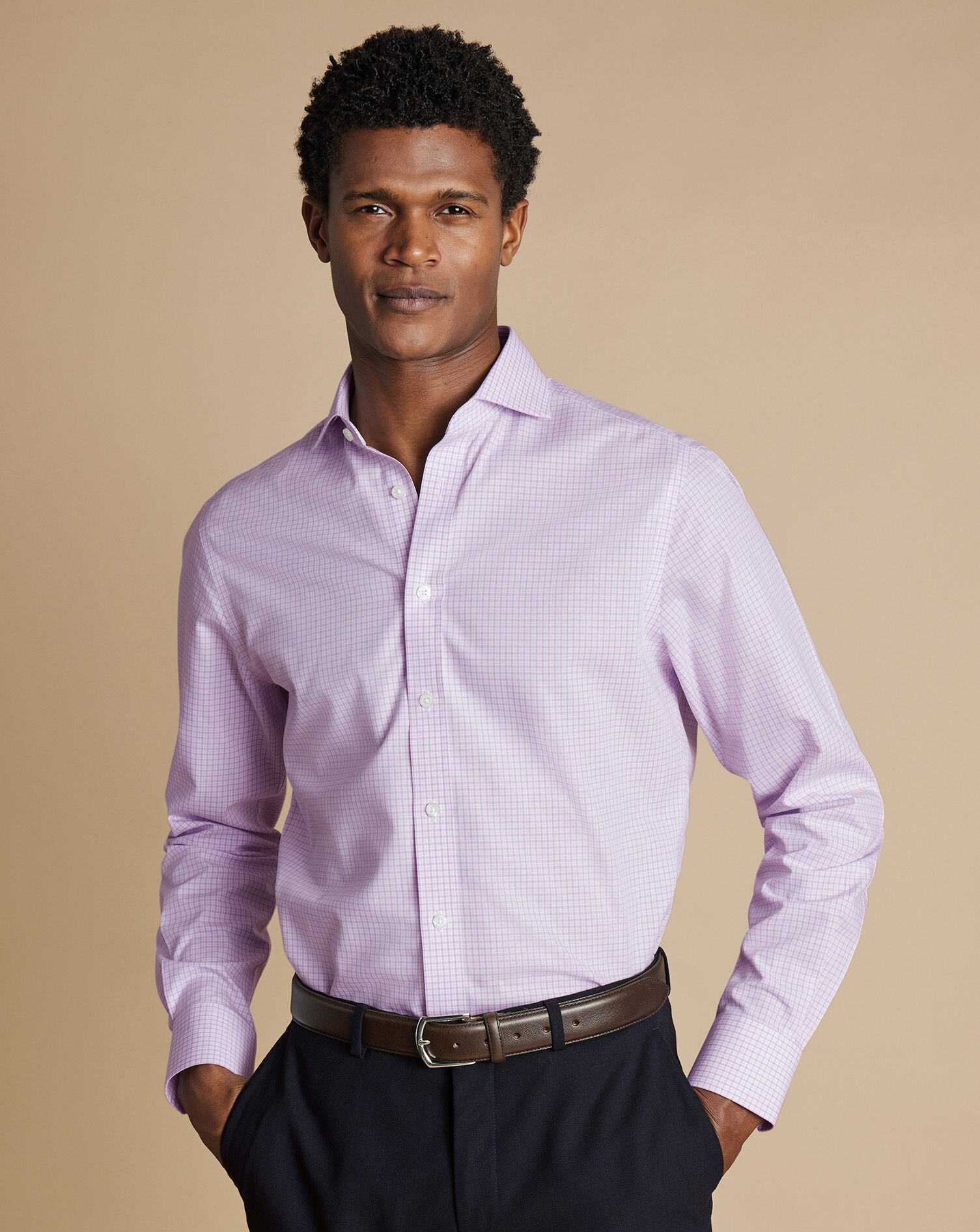 Spread Collar Non-Iron Poplin Grid Check Shirt - Lilac Purple